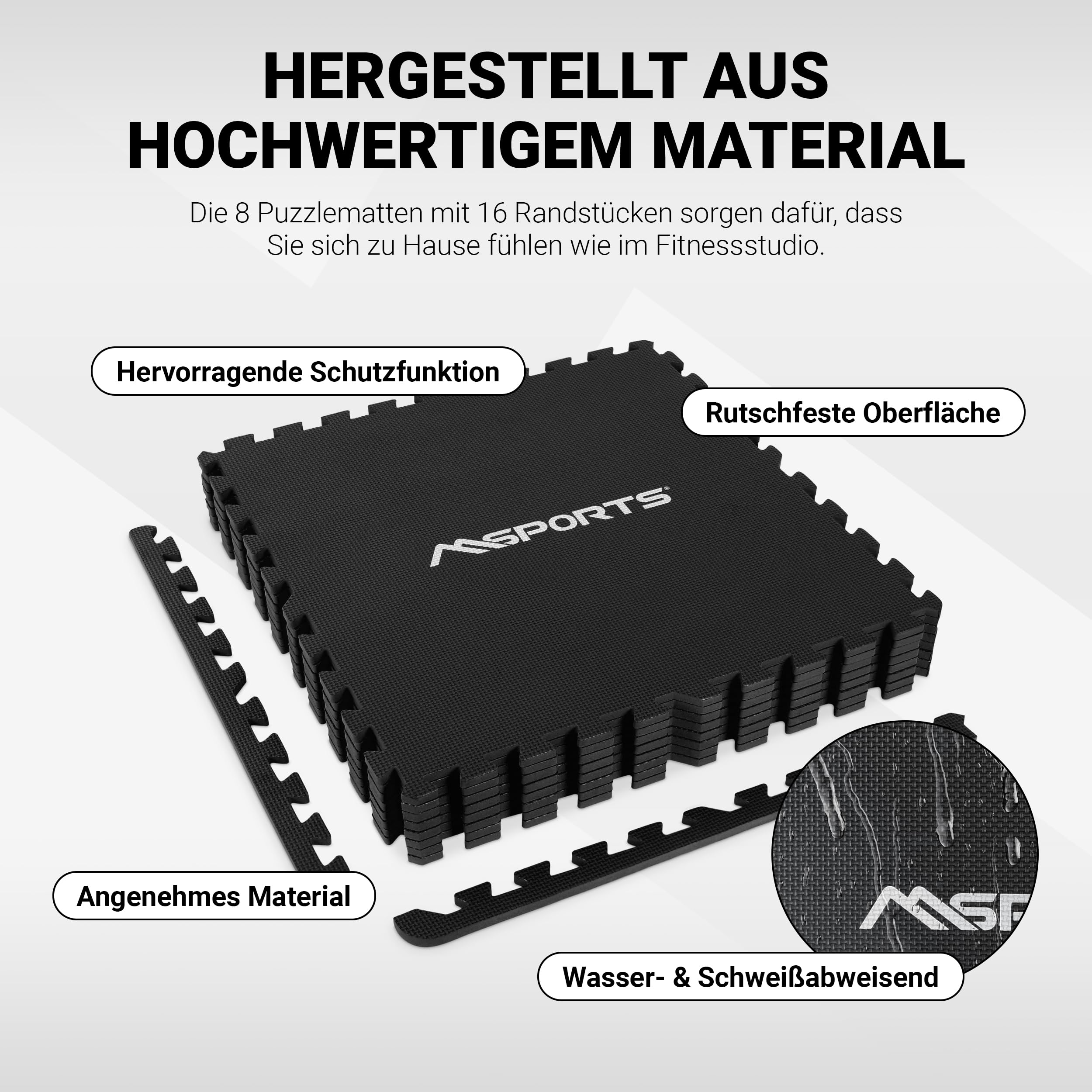 MSPORTS Bodenschutzmatte Set Premium – 8-teiliges Bodenschutz- & Fitnessboden-Set (3,2 m²) – rutschfeste Workout-, Yoga- & Fitnessmatten für Home-Gym, auch als Pool Unterlage - Puzzle-Matten