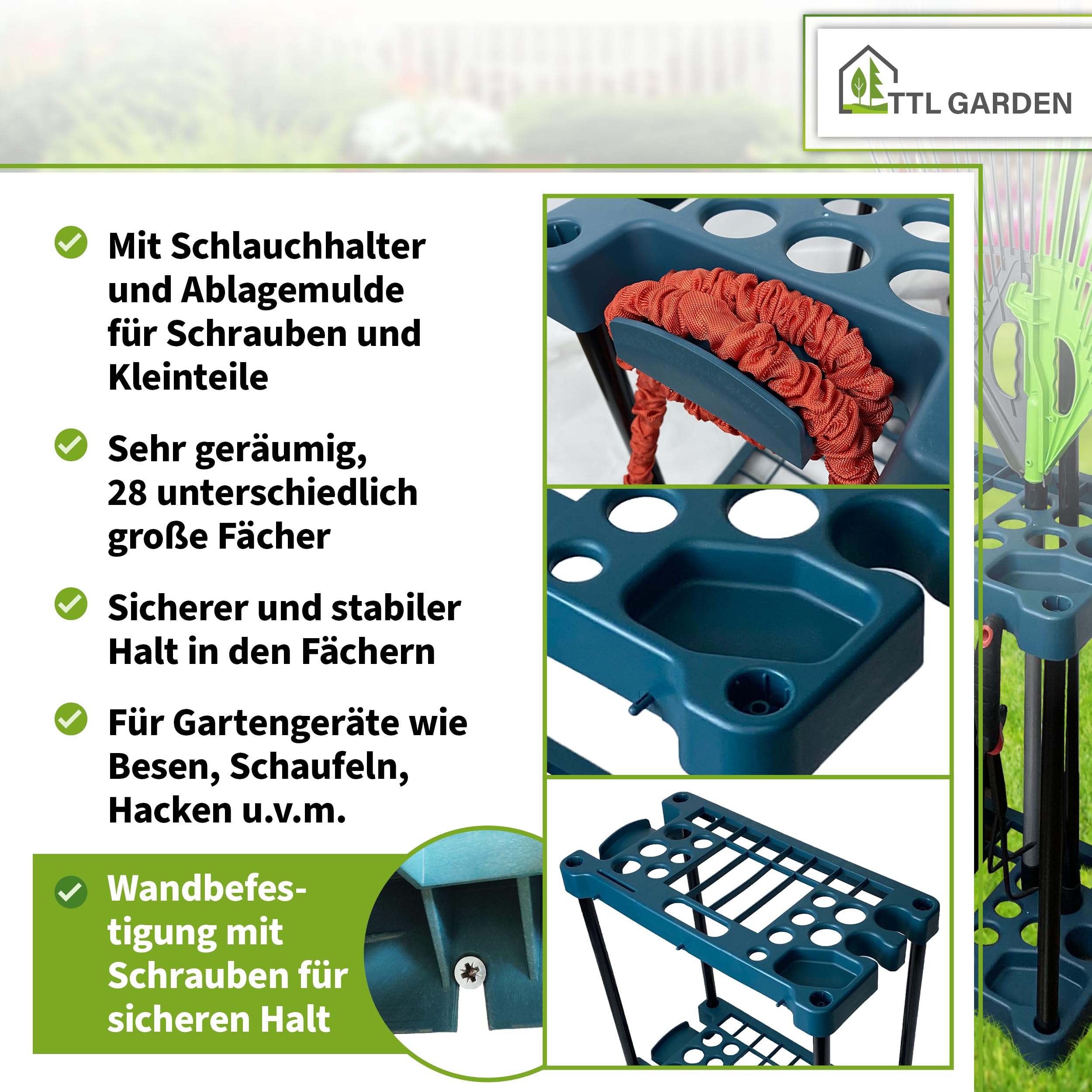 TTL GARDEN Gartengeräte Ständer rechteckig 61x58x31cm grün - 28 Fächer Gerätehalter & Organizer zur Aufbewahrung von Besen Spaten Rechen & Garten Werkzeug - für Gartenhaus Schuppen & Garage