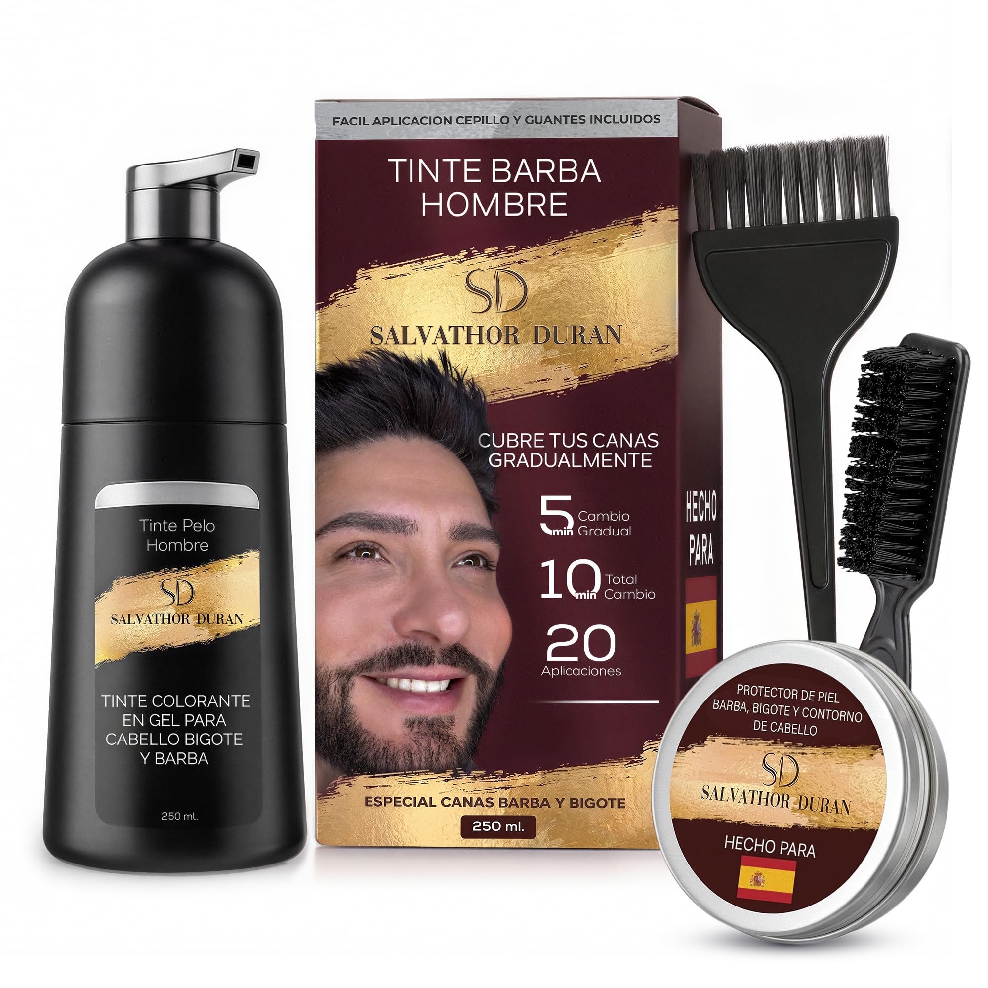 Tinte Barba Hombre - Tinte Barba - Champu Anticanas Hombre - 20 Aplicaciones - Con Protector de Barba - Salvathor Duran - 250 ml.
