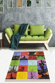 Pelangi Dana Derisi Renk Bloklu Desenli Dijital Baskı Yıkanabilir Kaymaz Taban Modern Salon Halı, Çok Renkli 60 x 200