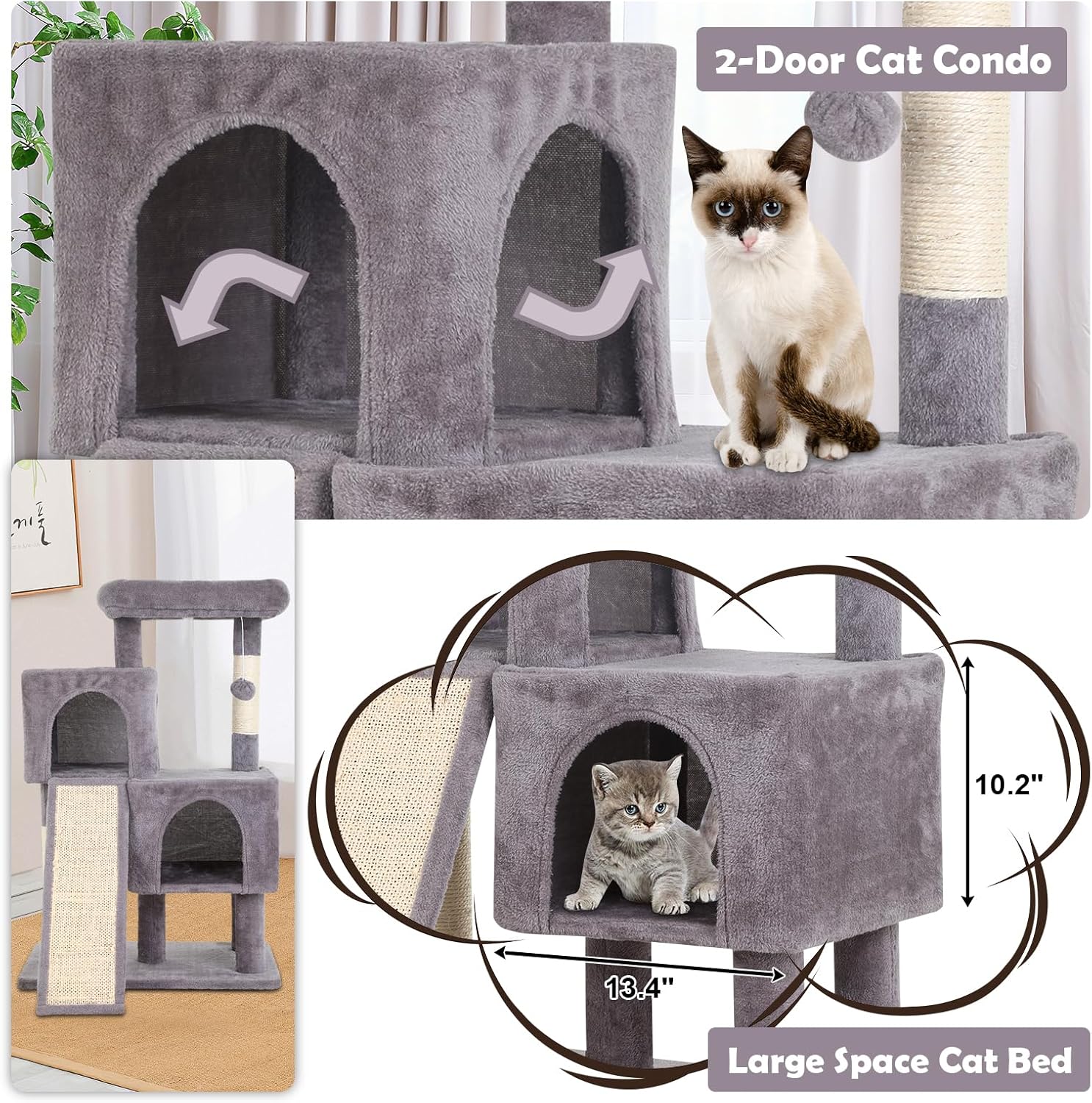 36 Inches Cat Tree for Indoor Cats, Multi-Level Cat Tower with Scratching Posts, Ramp, Plush Perch & 2 Condos, Stable for Multiple Cats Kittens House & Small Room(Ashy)