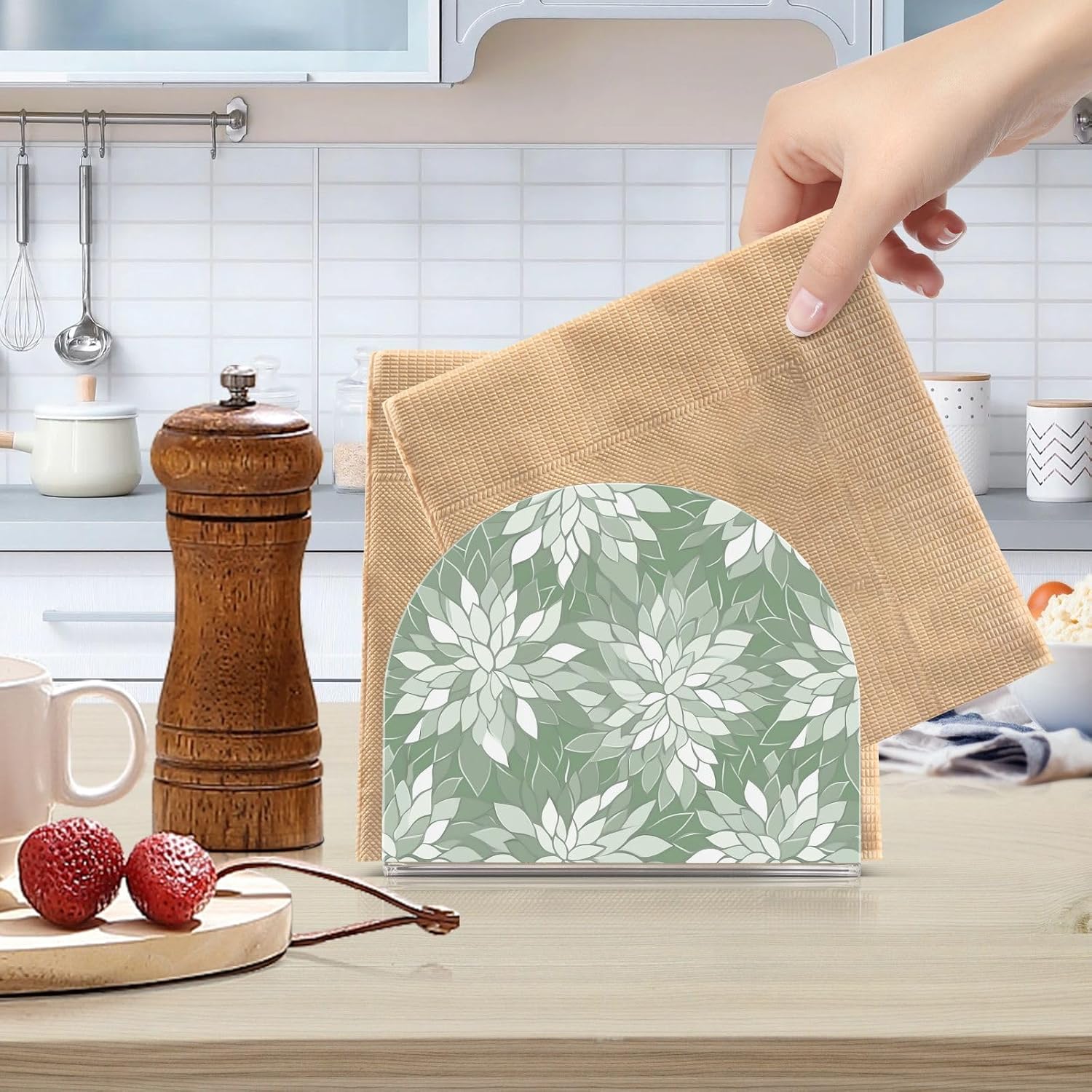 Sage Green and White Geometric Dahlia Flowers Napkin Holder for Table Acrylic Vertical Napkin Holders for Paper Napkins Decor Napkin Dispenser for Home Party Dining Cocktail Kitchen Accessories