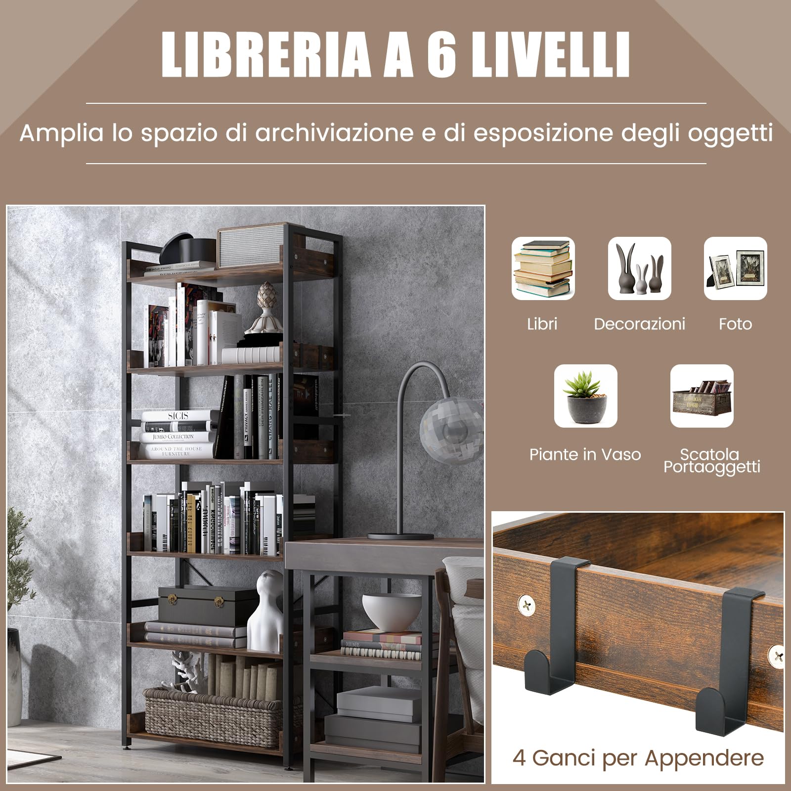 COSTWAY Scaffale a 6 Ripiani, Libreria Industriale Alta 177 cm con Ripiani Aperti e 4 Ganci, Scaffale Multifunzionale e Flessibile per Ufficio Soggiorno Camera da Letto e Cucina