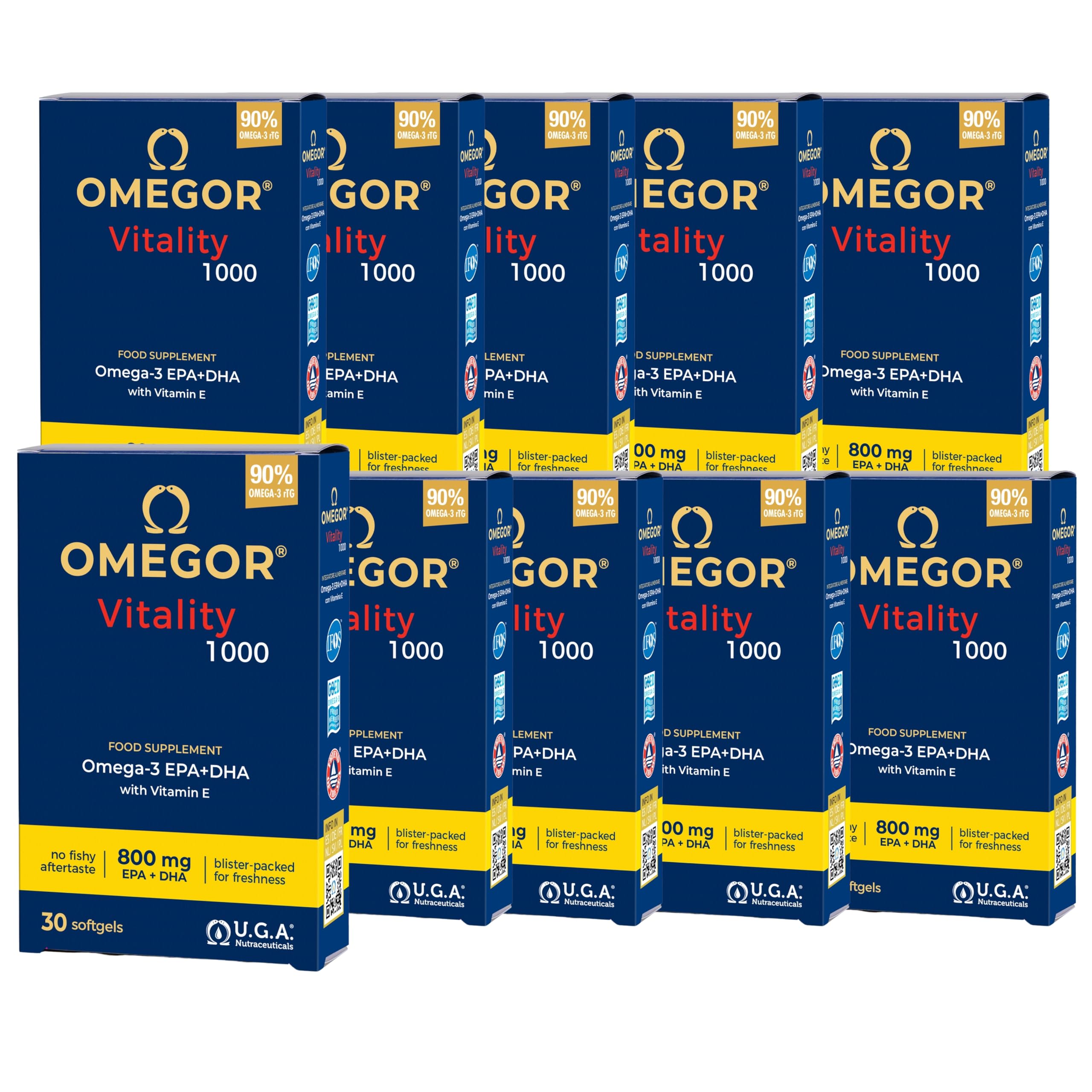 Omega3 2000 mg ad Alto Dosaggio per 2 Capsule - Omega 3 IFOS 5 Stelle - OMEGOR Vitality 1000 - Fornitura per 5 mesi - 30cps (10 Confezioni)