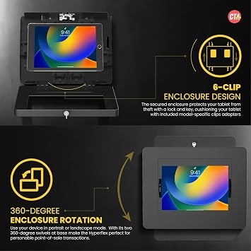 Kilitleme iPad Duvar Montajı - iPad Pro 12.9 inç, Surface Pro 3, 4, 5, 6, 7, 8, X için Tuş Kilidi ve İç Kablo Yönlendirmesi ile CTA Hırsızlığa Karşı Büyük Kilitleme Tablet Muhafazası - Siyah -