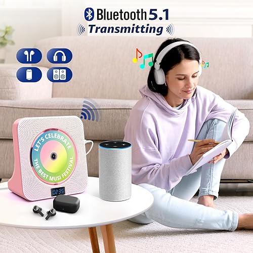 Miniatura 9 de Reproductor de CD de escritorio con altavoces, reproductores de CD ROADOM para el hogar, reproductor de CD portátil con sonido estéreo Bluetooth de
