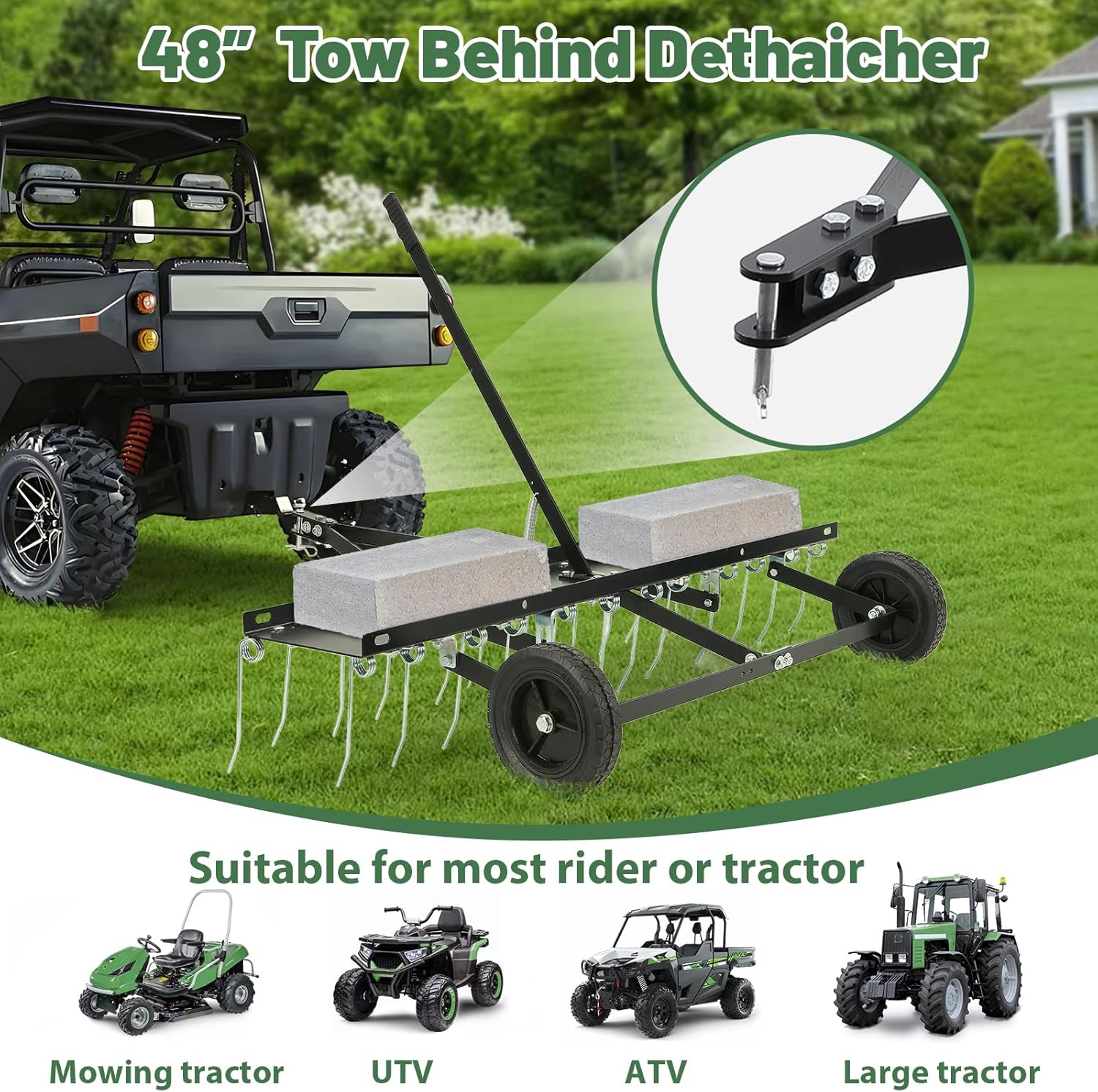 Lawn Dethatcher, 40 Inch Tow Behind Dethatcher with 24 Tines, Pulling Dethatcher for Yard Lawn Care, Garden Farm Grass Tractor Rake for Thatch, Leaves, Needles Removal from Lawn Areas