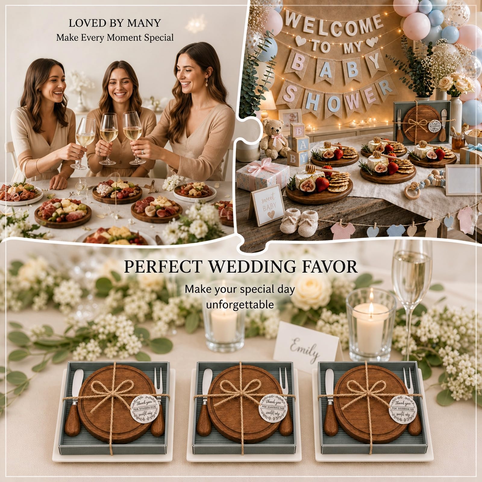 Maxcheck Juego de 6 juegos de premios de juego de novia para baby shower, juego de mesa redonda de queso, mini tabla de embutidos de madera con cuchillos y tenedores, tarjeta de agradecimiento a