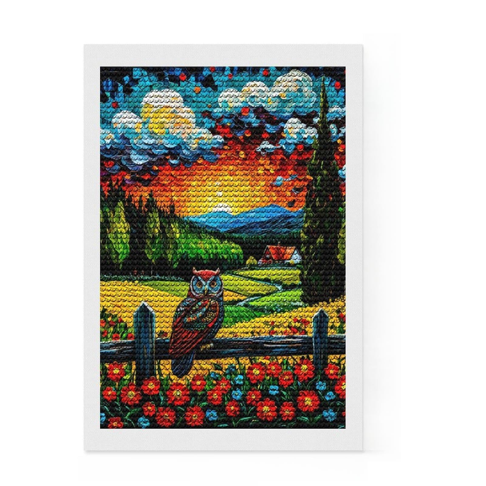 Junmoney Owl on Fence at Sunset Painting Diamond Painting Set 8"x12", for Adults, Home Wall Decor, Easy to Enjoy, Christmas Gift, Nice Detail and Sparkle