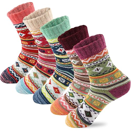 LKV 5Pairs Free Size Fuzzy Socks Soft Wool Crew Warm Socks for Women Winter Multicolor Christmas Womens Winter Socks Gift Box