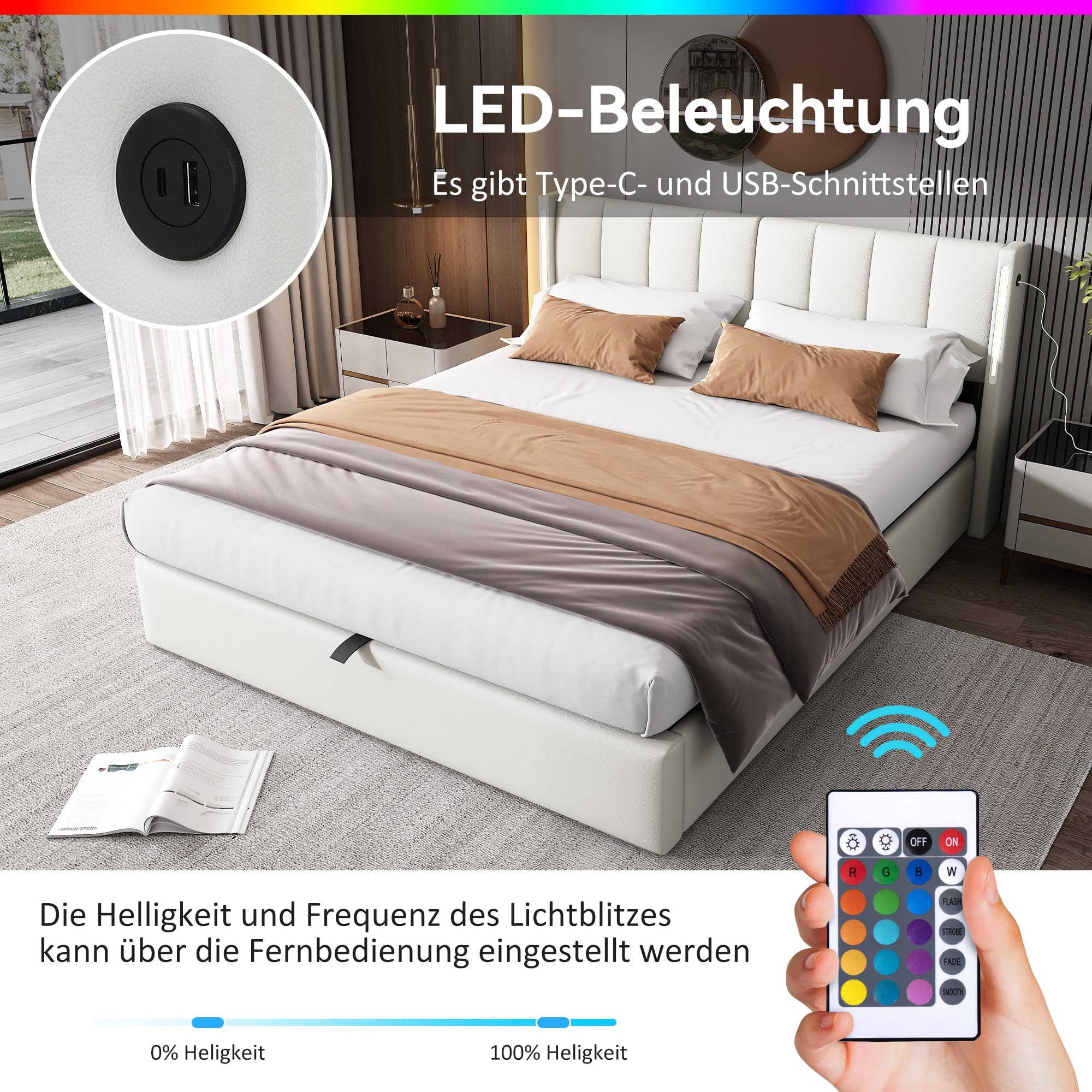 Azkoeesy Letto matrimoniale imbottito 180 x 200 cm con contenitore, con luce notturna a LED e USB, con testiera Ruotabile, con rete a doghe, PU, ​​Bianco