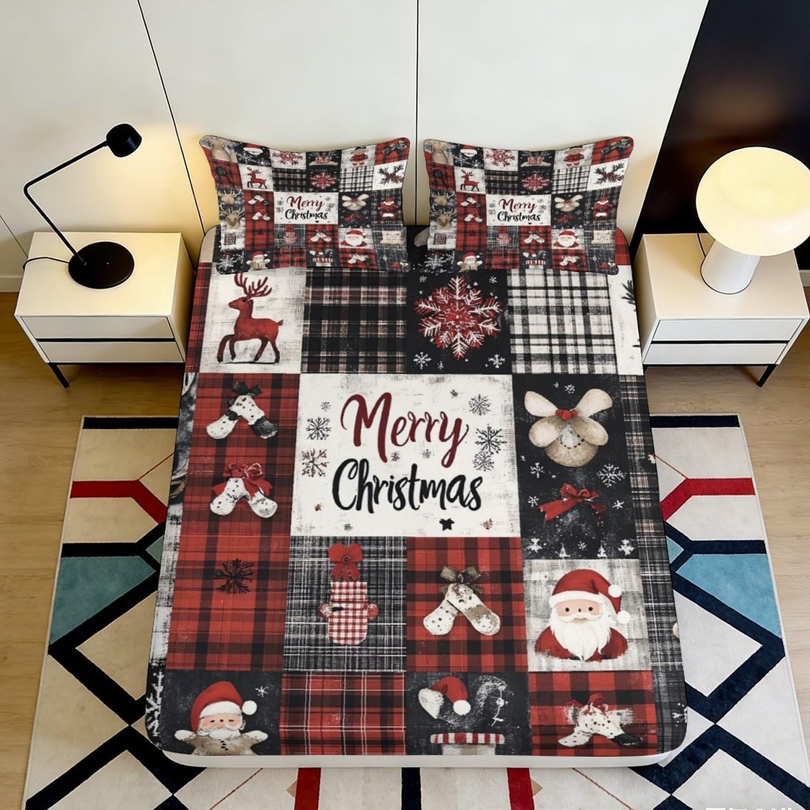 3D Printed Christmas Patchwork Fitted Sheet Microfiber Red Plaid Santa Claus Bed Cover for Bedroom Guest Room Home Decor 90x200x25cm