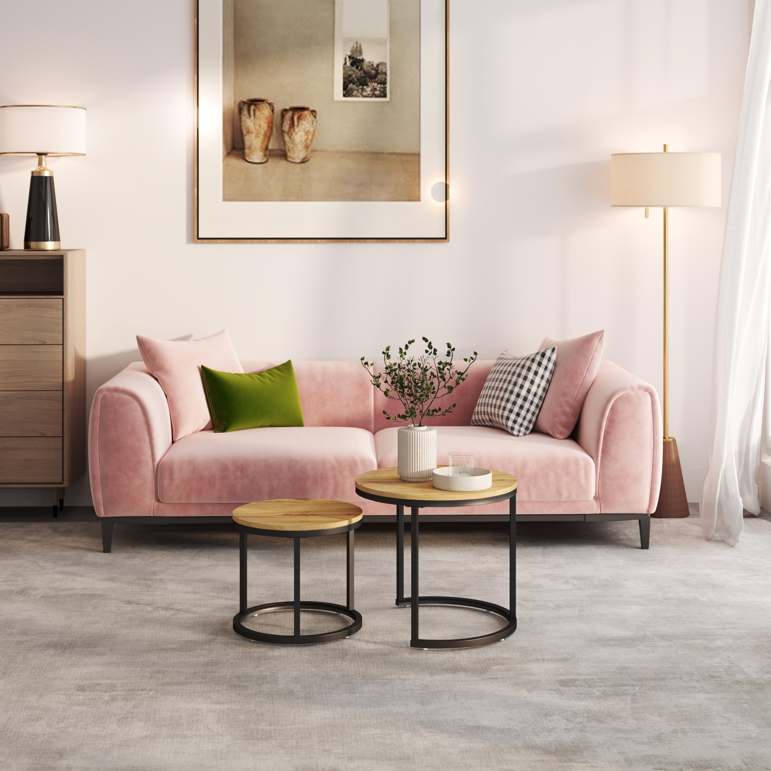 Juego de 2 Piezas para Mesa Auxiliar Sofa, Mesa Centro Madera con Marcos Negros, Mesa de Centro Redonda con Efectos de Grano de Madera, Mesas de Centro Pequeñas Modernas