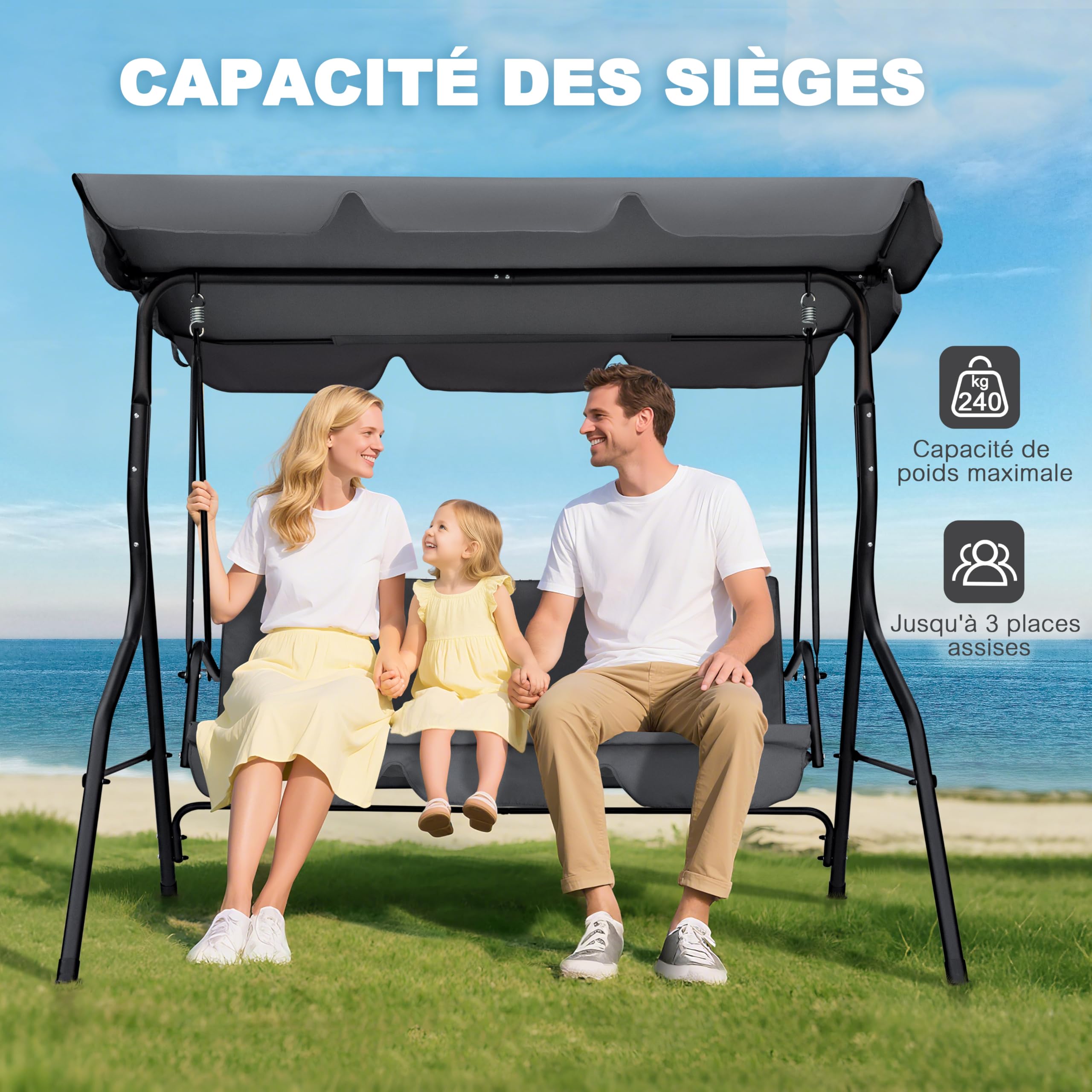 Avestar Balancelle de Jardin 3 Places avec Auvent, Pare-Soleil Réglable, Coussins Amovibles, Structure Acier, Gris Foncé