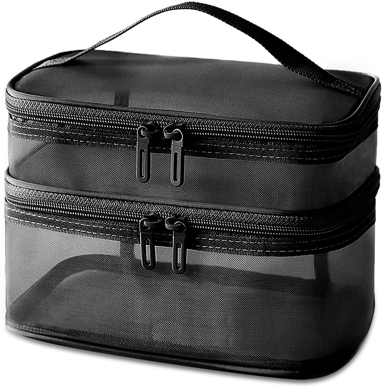 Double Layer Makeup Bag, Large Mesh Travel Cosmetic Pouch with Double Zipper, Vertical Make up