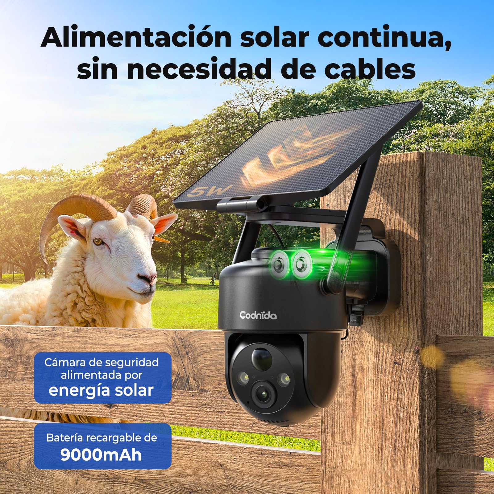 Codnida 4G LTE Cámara Vigilancia con Placa Solar, 2K Cámara Exterior Solar con Tarjeta Sim, 355° PTZ Camera sin Cable, Detección de Movimiento PIR, Audio Bidireccional, Visión Nocturna en Color, IP66