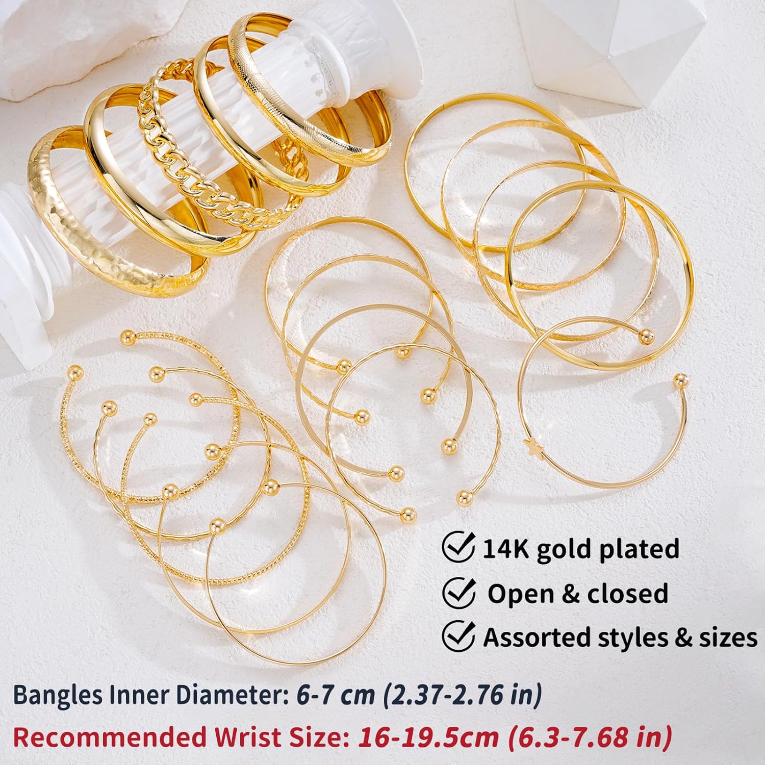 ÌF ME Gold Bangle Bracelets for Women, 19Pcs Multi Stackable Textured Bangles Set, 14K Gold Plated Chunky Bracelet Boho Jewelry Gifts - Image 6