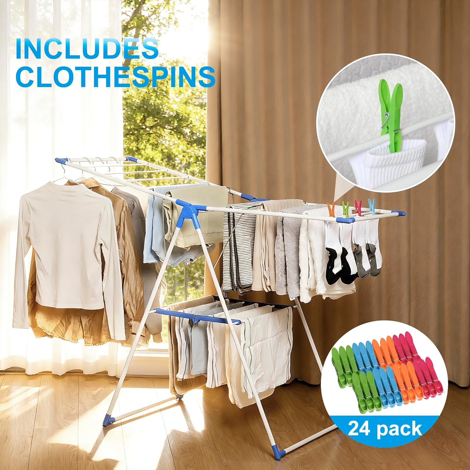 Drying Rack Clothing, Clothes Drying Rack Foldable, Includes 24 Clothespins, Space-Saving Free-Standing, 2 Height-Adjustable Gullwings, Indoor Outdoor Use