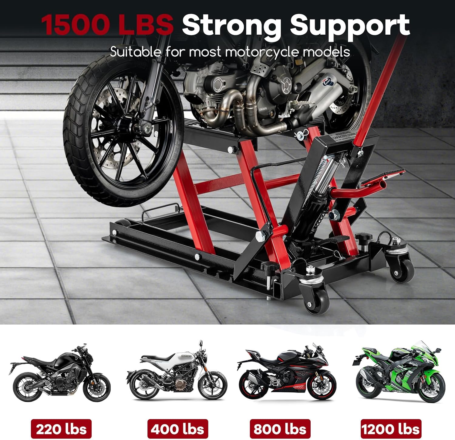 Goplus Motorcycle Lift, 15000 LBS Hydraulic ATV Scissor Jack with Footplates & Long Handle, 2 Ratchet Belts, 4 Wheels, 4.7”-15” Lifting Range, Motorcycle Jack Stand for Dirt Bike, UTV