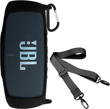 Geiomoo Compatible with JBL Charge 5 Silicone Carrying Case, Portable Scratch Shock Resistant Cover with Carabiner and Shoulder Strap Black