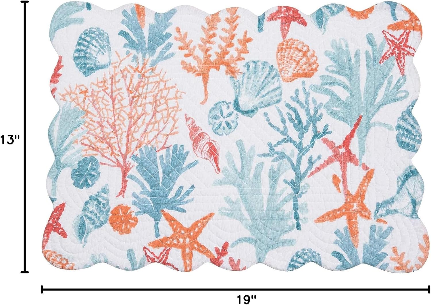 C&F Home Tangerine Coast Quilted Placemats Set of 6 Placemats Rectangular Orange & Blue Coastal Tropical Reversible Stripe Cotton Machine Washable Scallop Edge Dining Kitchen Tabletop 13" x 19" Blue