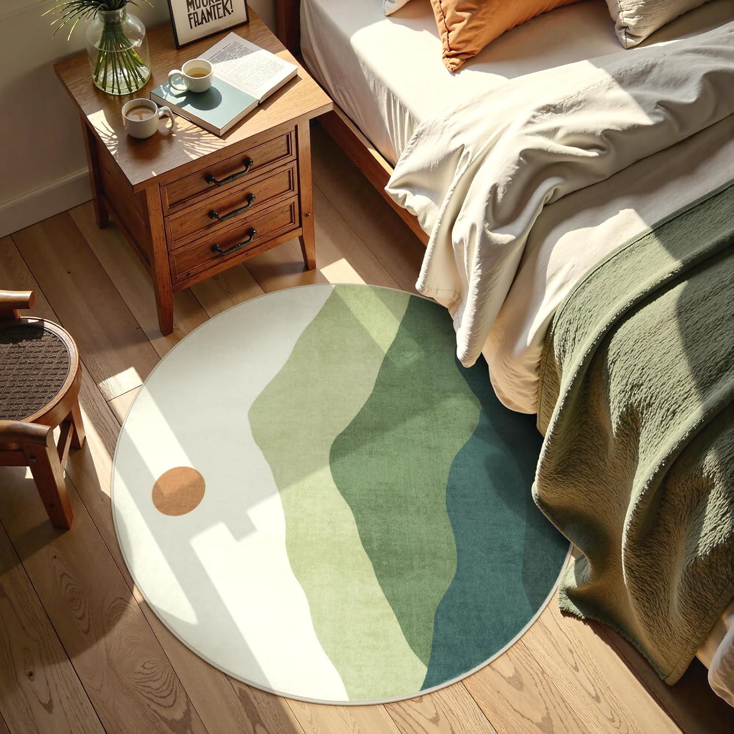 Circle Rug 3ft, Small Round Rugs Non Slip Washable, Abstract Mountain Round Carpet for Bedroom, Low-Pile Throw Mat for Kitchen Entryway Bathroom Home Decor(Green) 3' (Round) Green