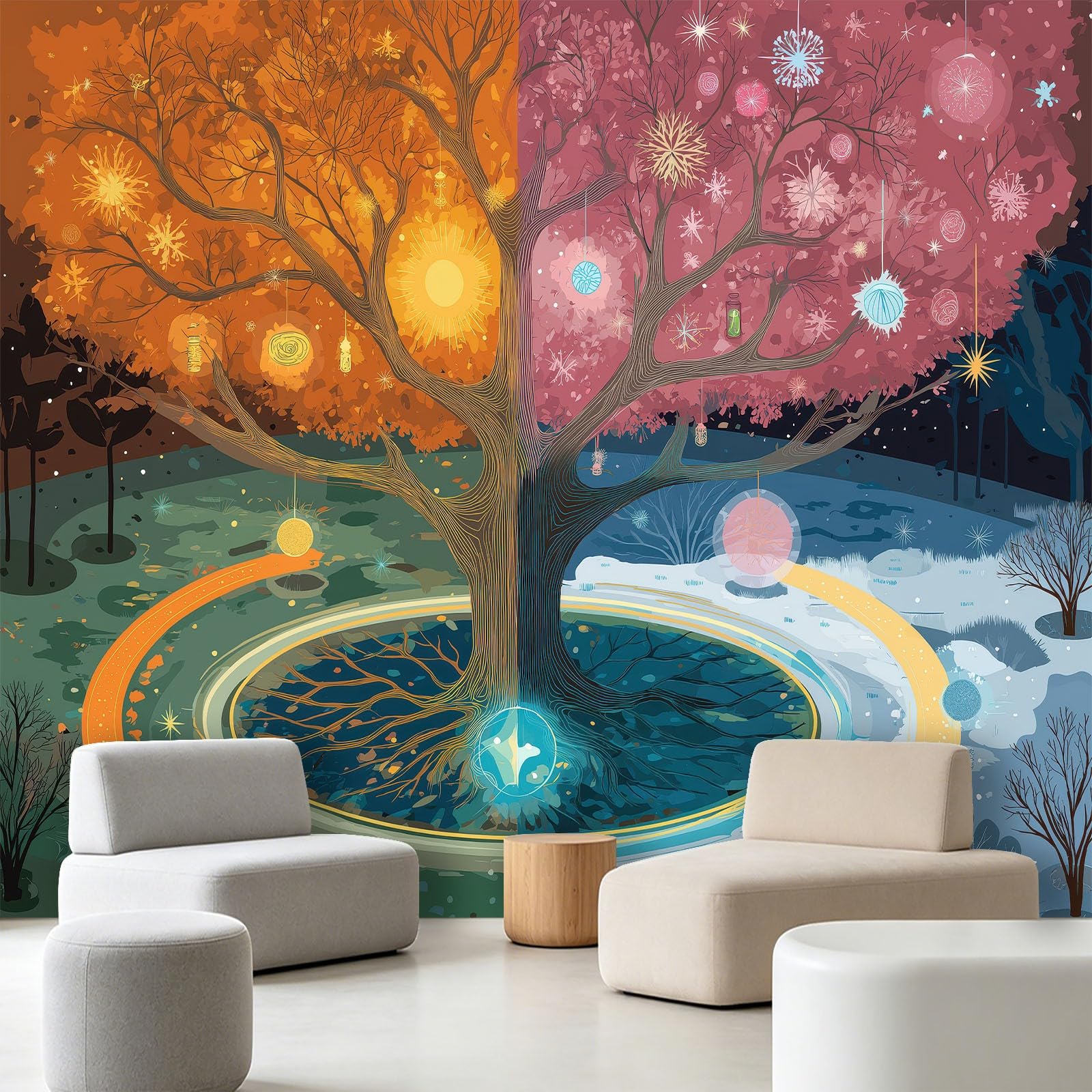 Panoramiczna tapeta 350 x 256 cm fantazyjne drzewo życie tapeta z włókniny gobelin plakat dekoracja ścienna do pokoju dziecięcego, salonu sypialni - pierścionek płatek śniegu światło gwiazdy wisiorek