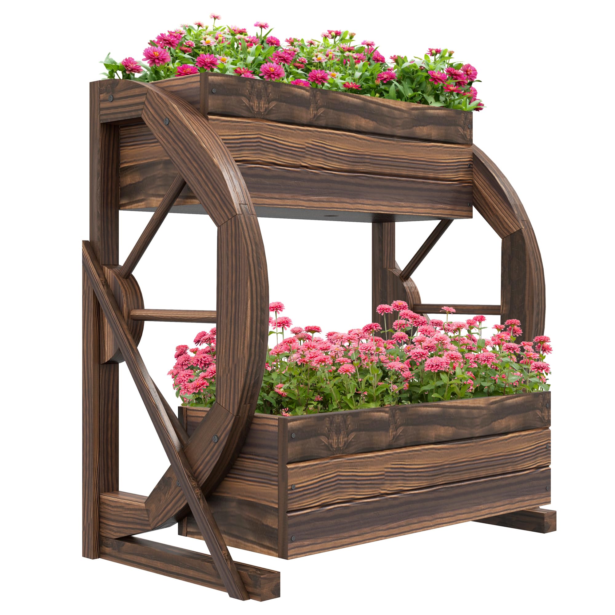 Outsunny Jardinera de Madera para Exterior de 2 Niveles, Huerto Elevado con 2 Macetas y Ruedas de Carreta Estilo Campestre, 55x32x56cm