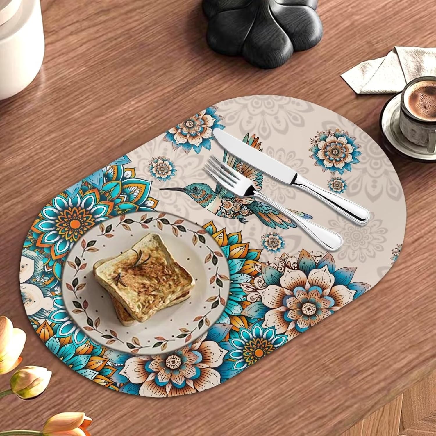 Boho Mandala Hummingbird Print Oval TableMats, Wipeable Placemats Washable Dining Table Mats Oil-Proof Stains Kitchen Table Mats PU Leather Plate Mats Set of 4