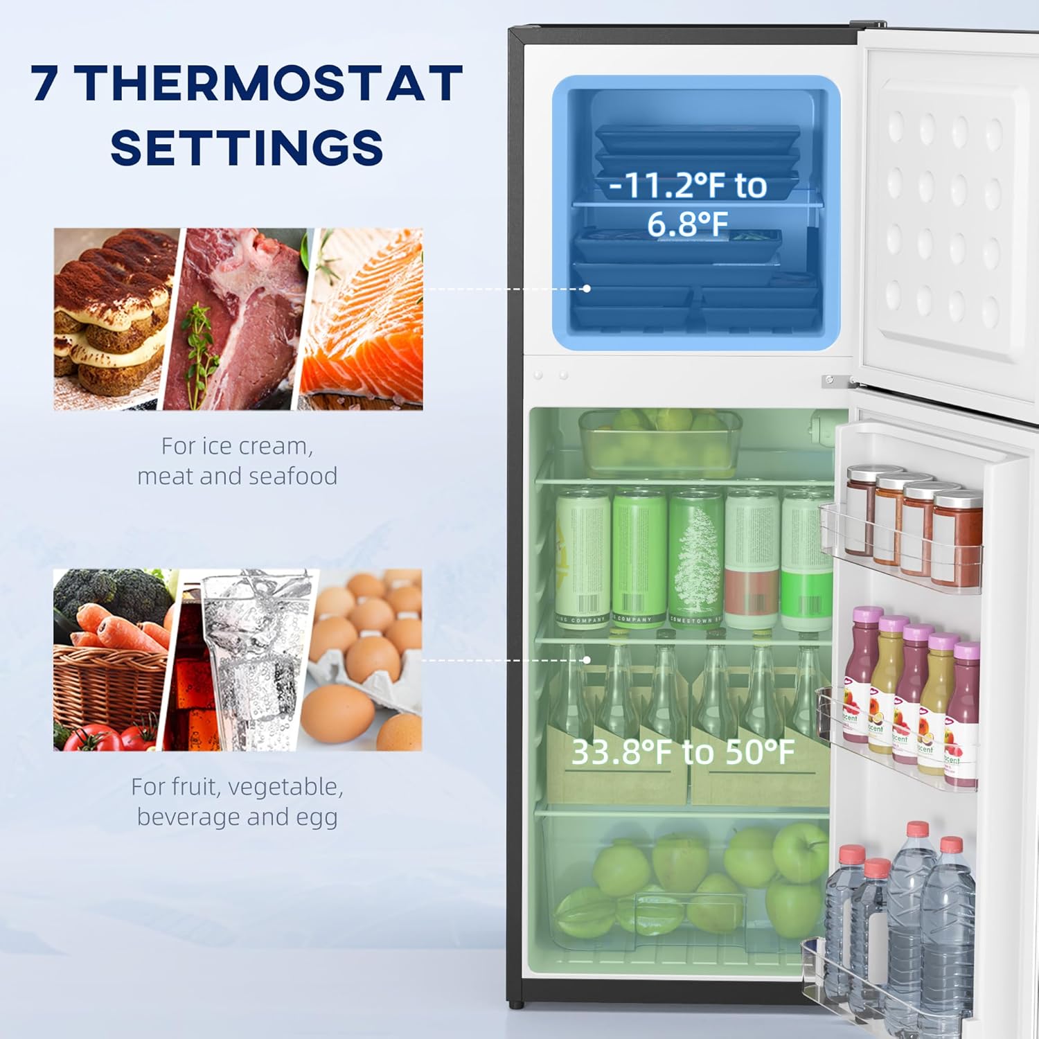 Interior view showing thermostat settings for fridge and freezer