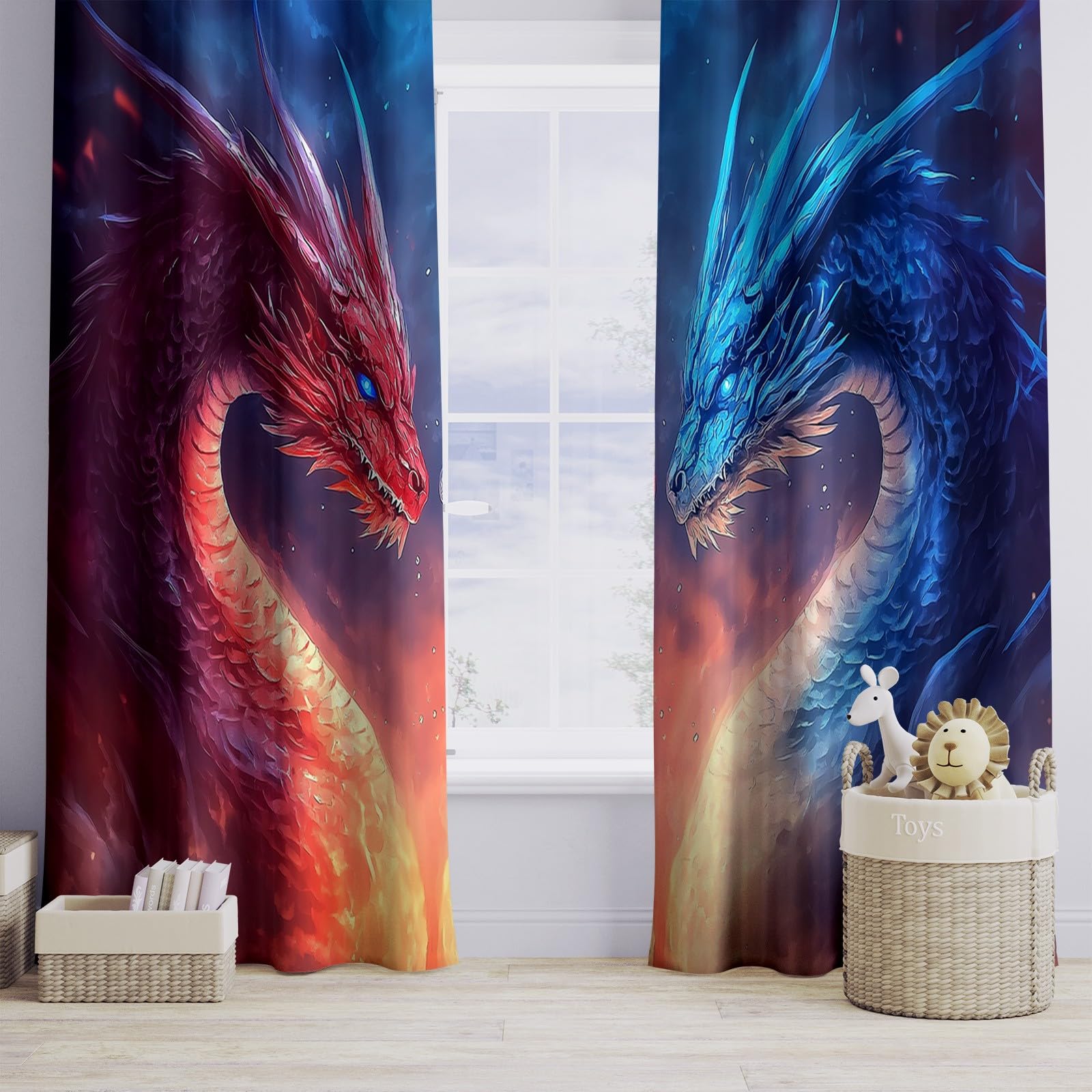 215 x 110 cm Verdunklungsvorhänge 2er Set, Fantasie Tiere Drachen Konfrontation Thermovorhang Hitzeschutz - Vorhang Blickdicht mit Ösen - Thermovorhang-Gardinen für Wohnzimmer, Blau-Orange