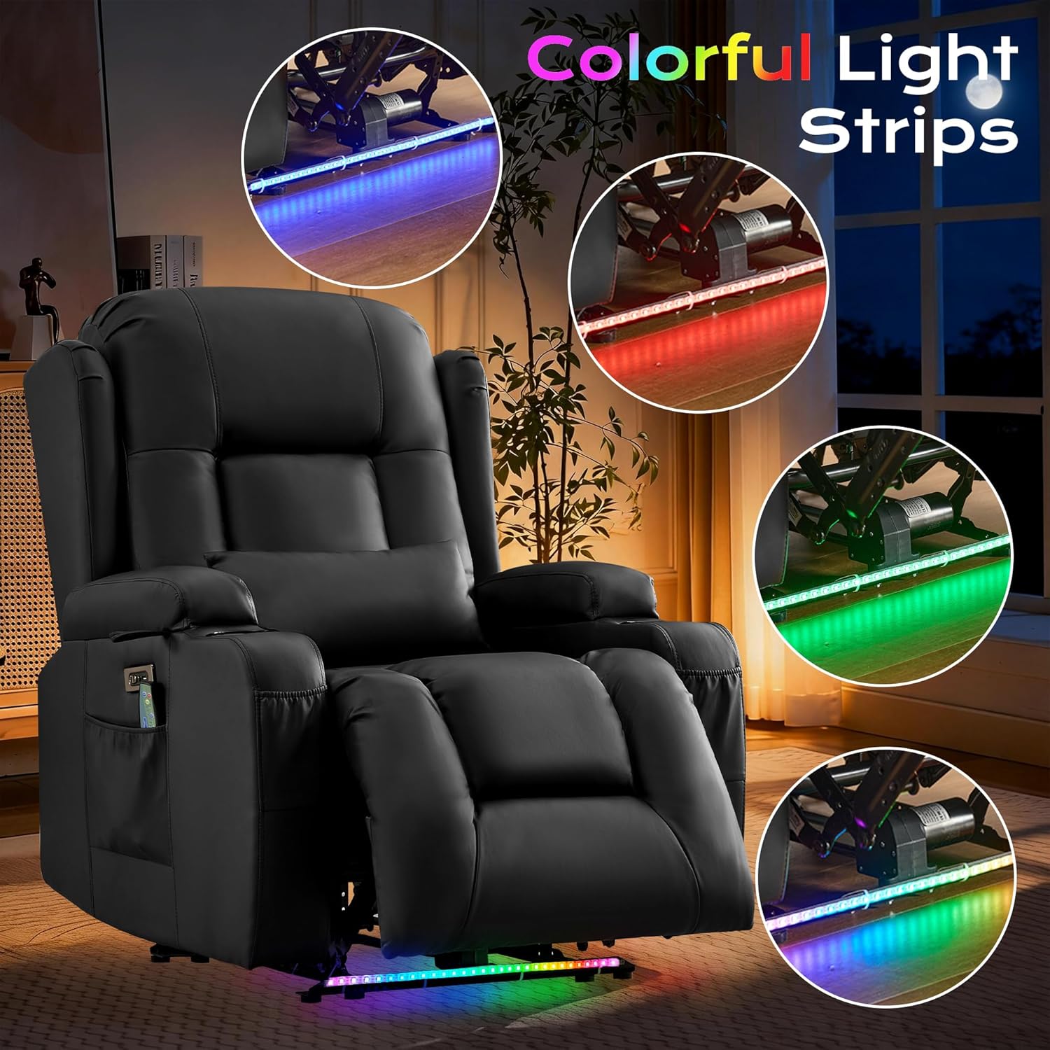 URRED Recliner Chair with Massage and Heat, Power Reclining Sofa Chair Home Theater Seating with LED Ambient Light, USB Ports, Cup Holders, Side Pockets, Faux Leather (Black, Set of 1)