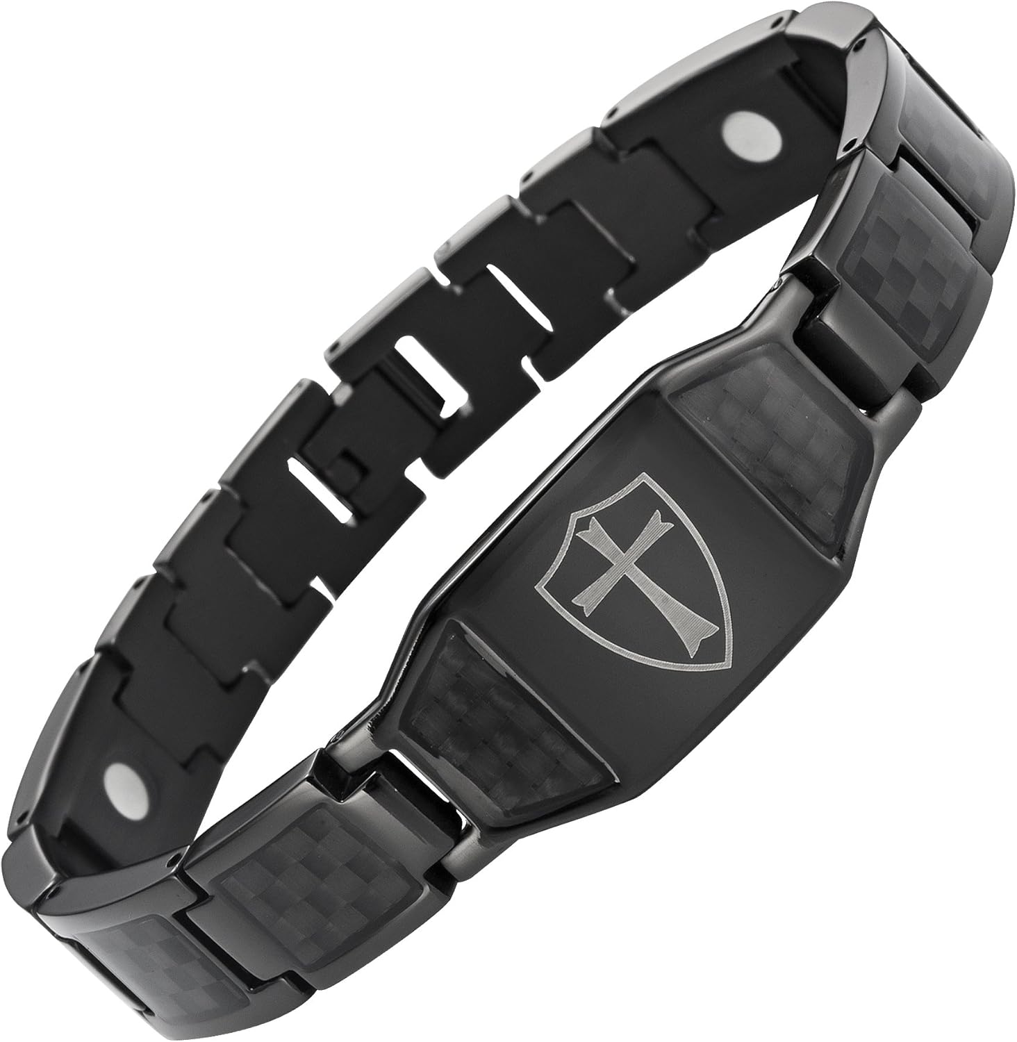 Willis Judd Men's Black Titanium Magnetic Bracelet Knights Templar Cross Shield Black Carbon Fiber Adjustable