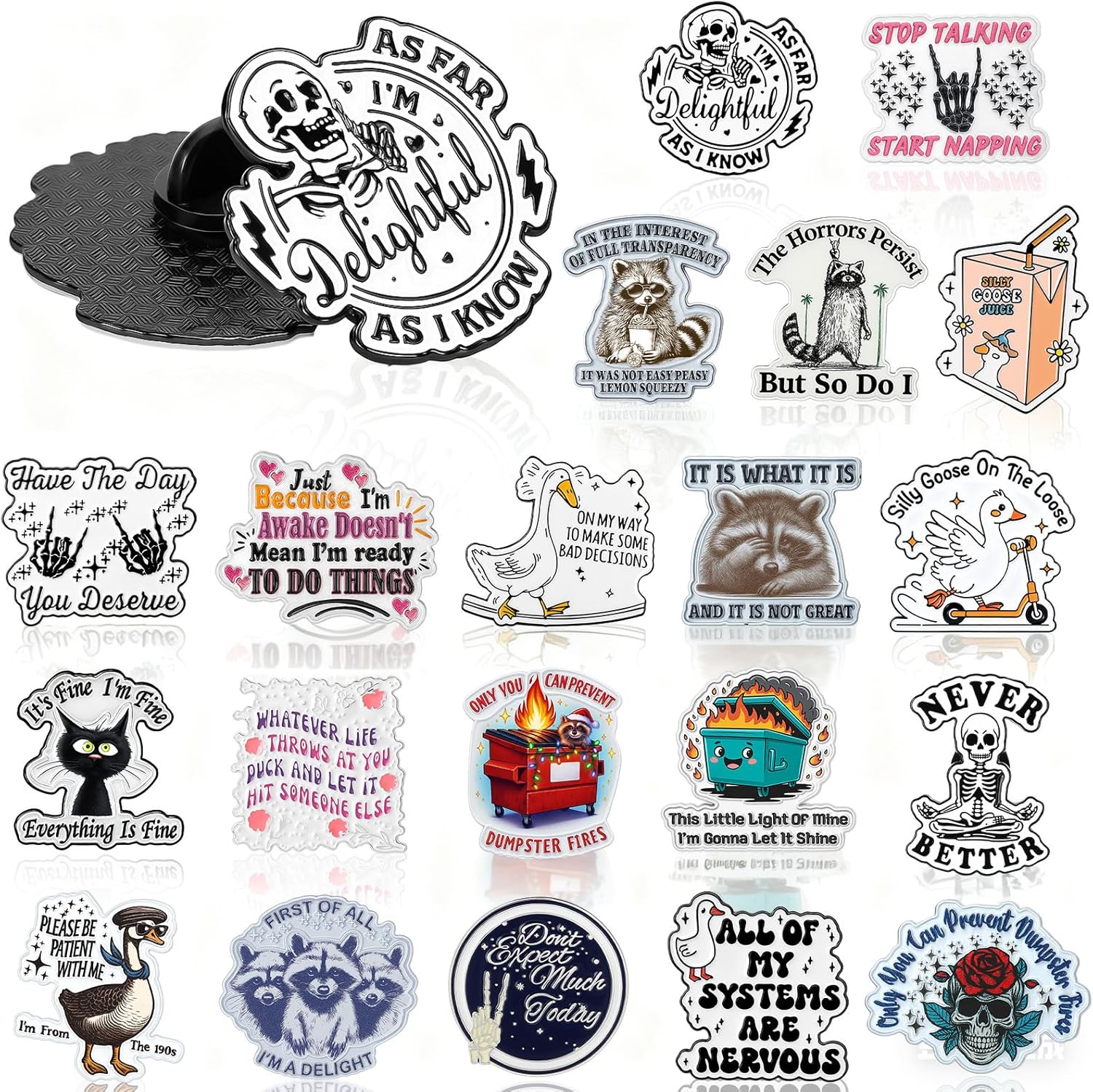 Kigeli 40 Pcs Funny Enamel Pins Bulk for Adults Backpack Bags Hat Jacket Button Lanyard Assorted Cool Cute Fun Lapel Meme Cartoon Novelty Funky Silly Goose Coworker Christmas Socks Stuffers