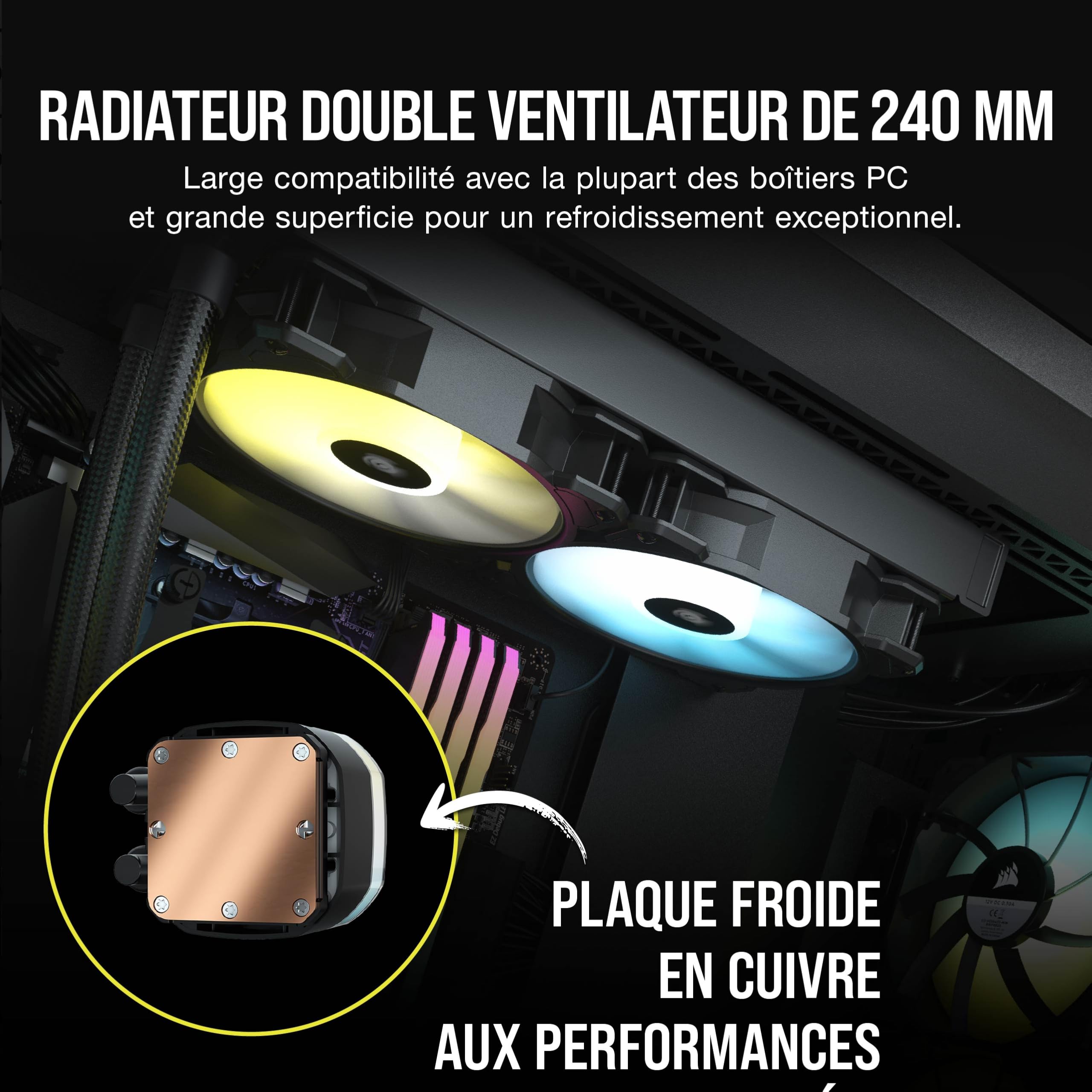 CORSAIR H100 RGB Liquid CPU Cooler - 240mm AIO - SP120 RGB ELITE Fan - Convient à Intel LGA 1200/115X/2066, AMD AM4 - Adaptateur ARGB de Carte Mère Inclus - Noir