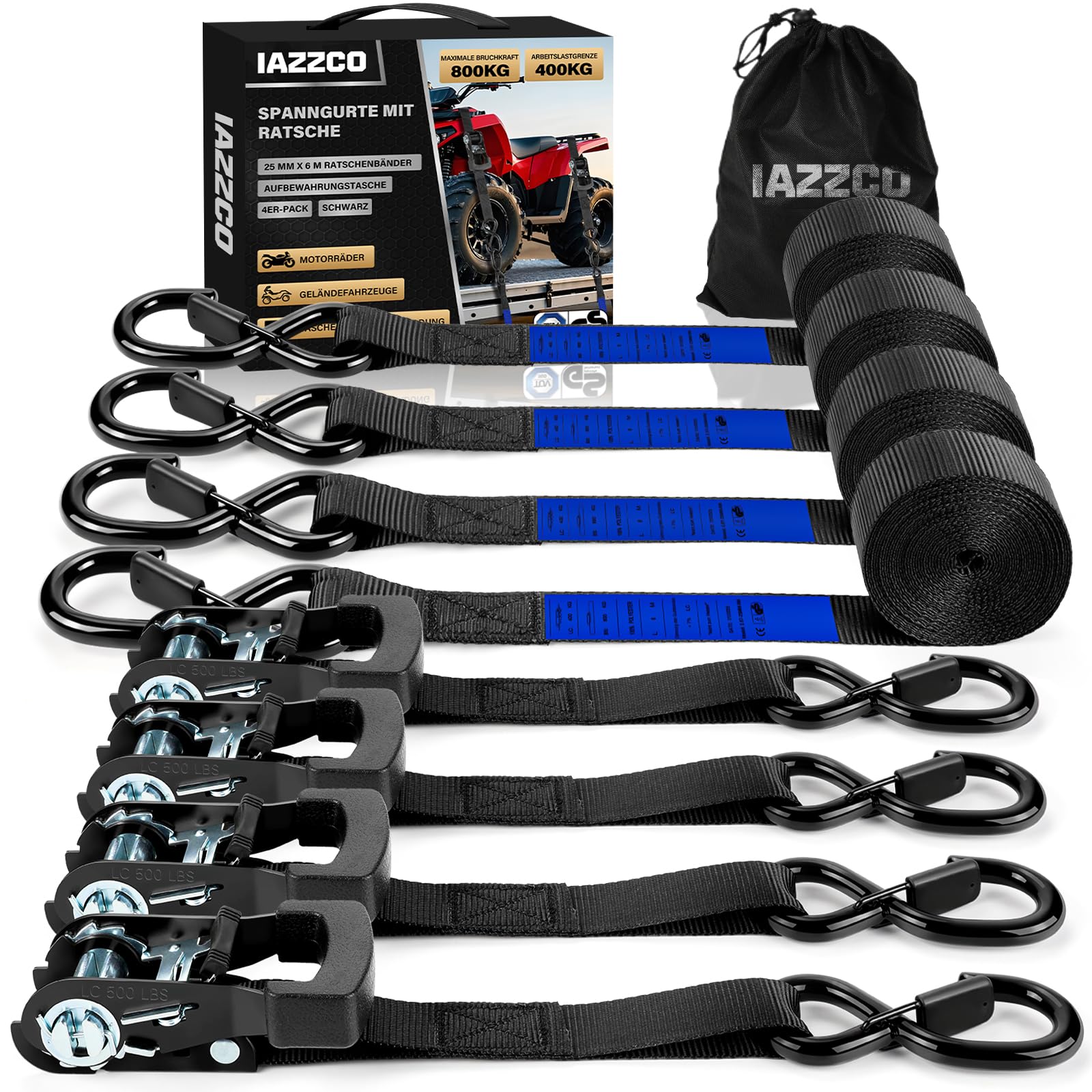 IAZZCO 6M x 25MM Spanngurte mit Ratsche und Haken