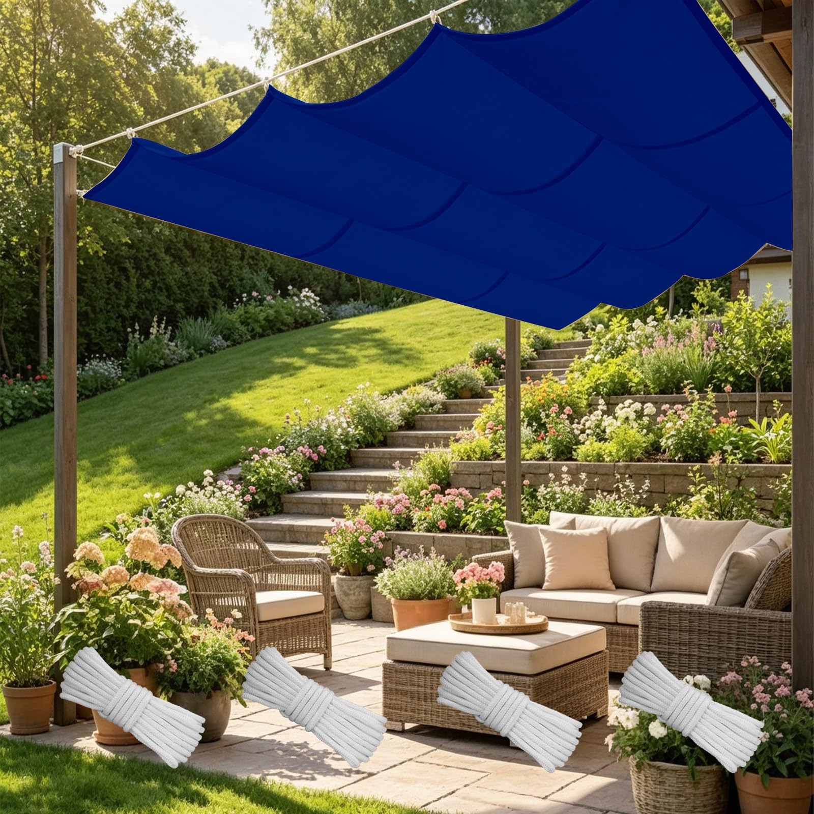 Voile d'ombrage imperméable 110 x 700 cm bleu foncé pour terrasse et pergola extérieure