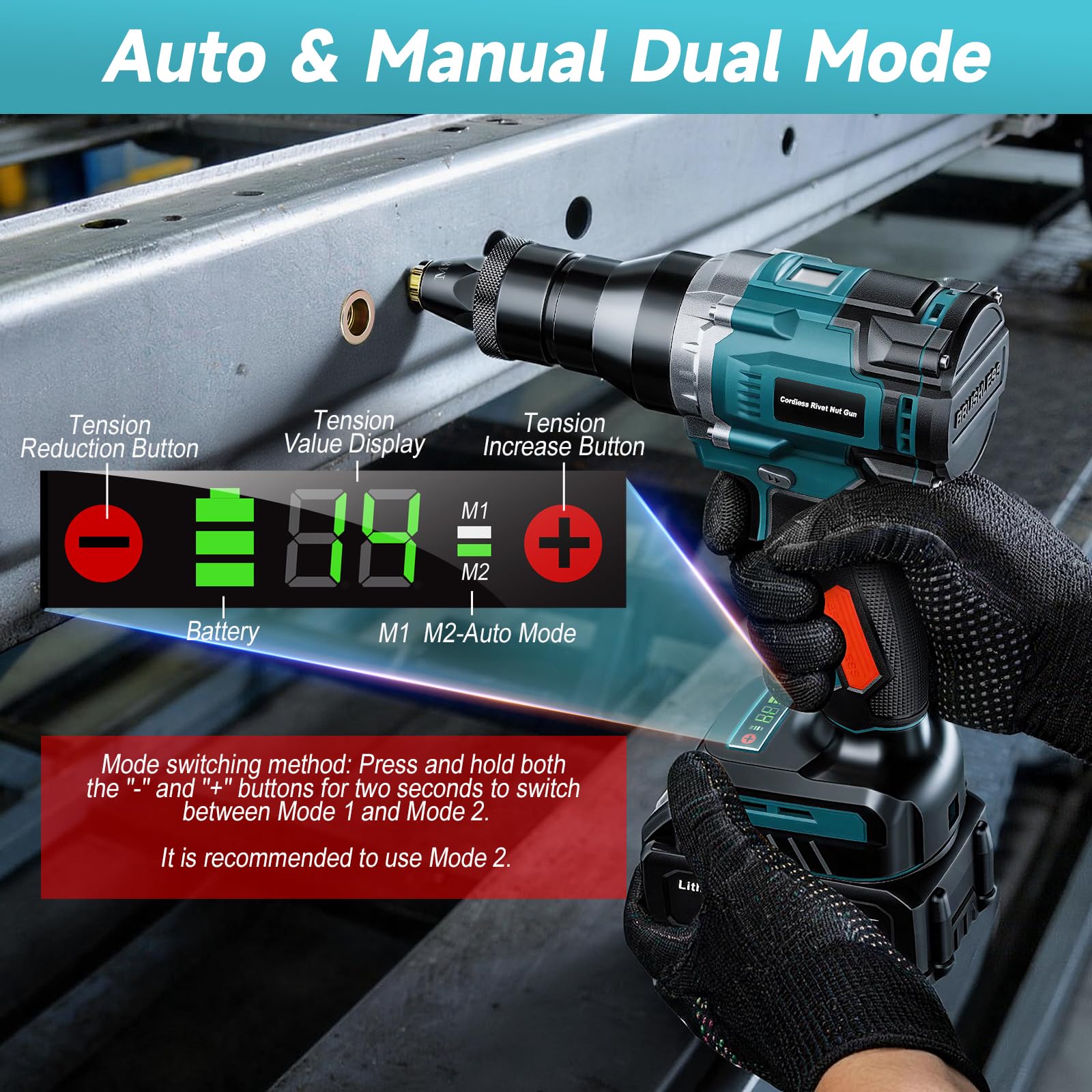 Yofuly Rivettatrice per Inserti Filettati a Batteria Compatibile con Makita 18V Batteria, Pistola Elettrico a Rivetti con 2 Batterie 4.0Ah | Modalità Automatica, con Dadi a Rivetto M6/M8/M10
