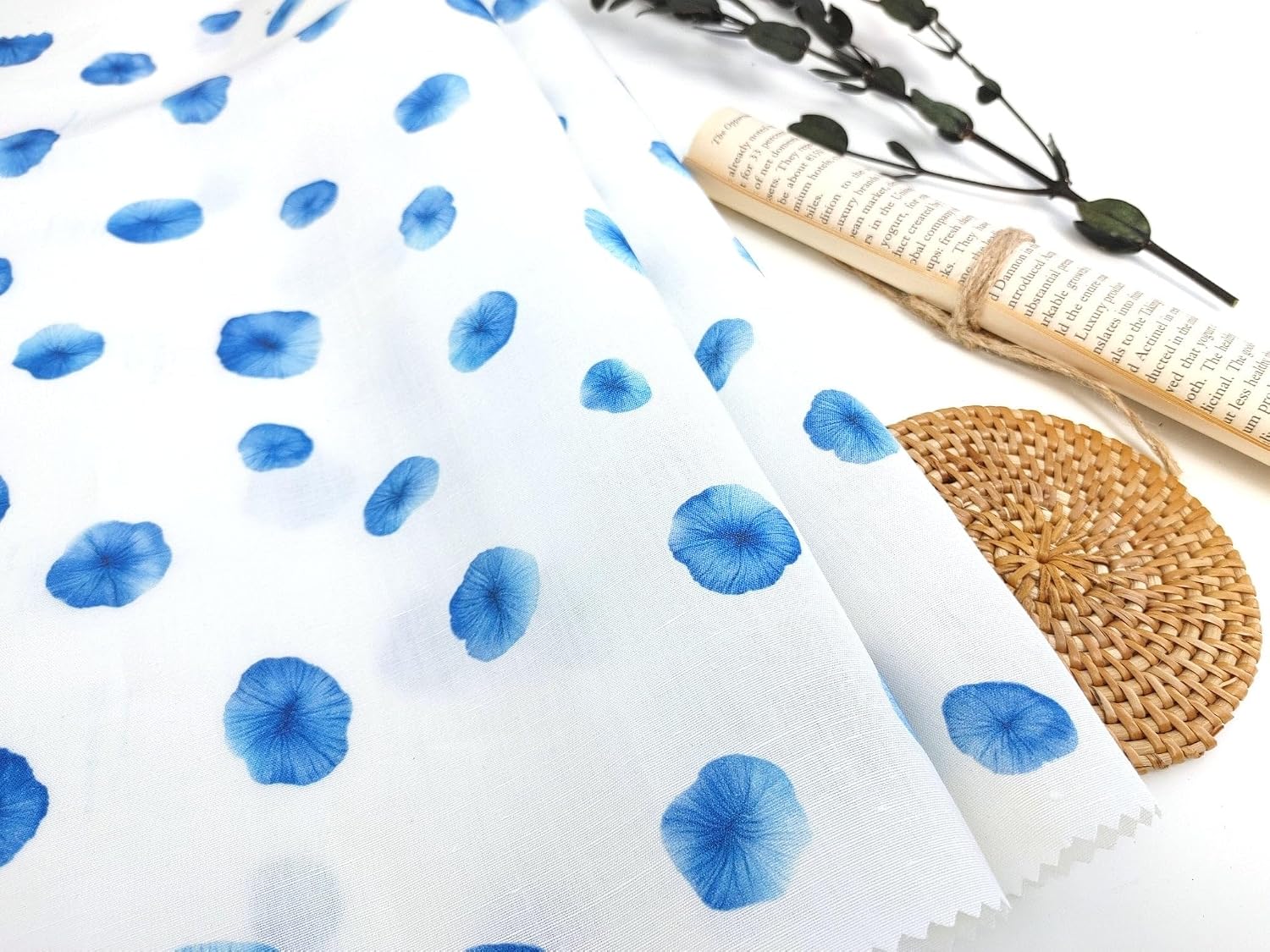 Linen Tencel Botanical Blue Print Fabric 7685 Blue