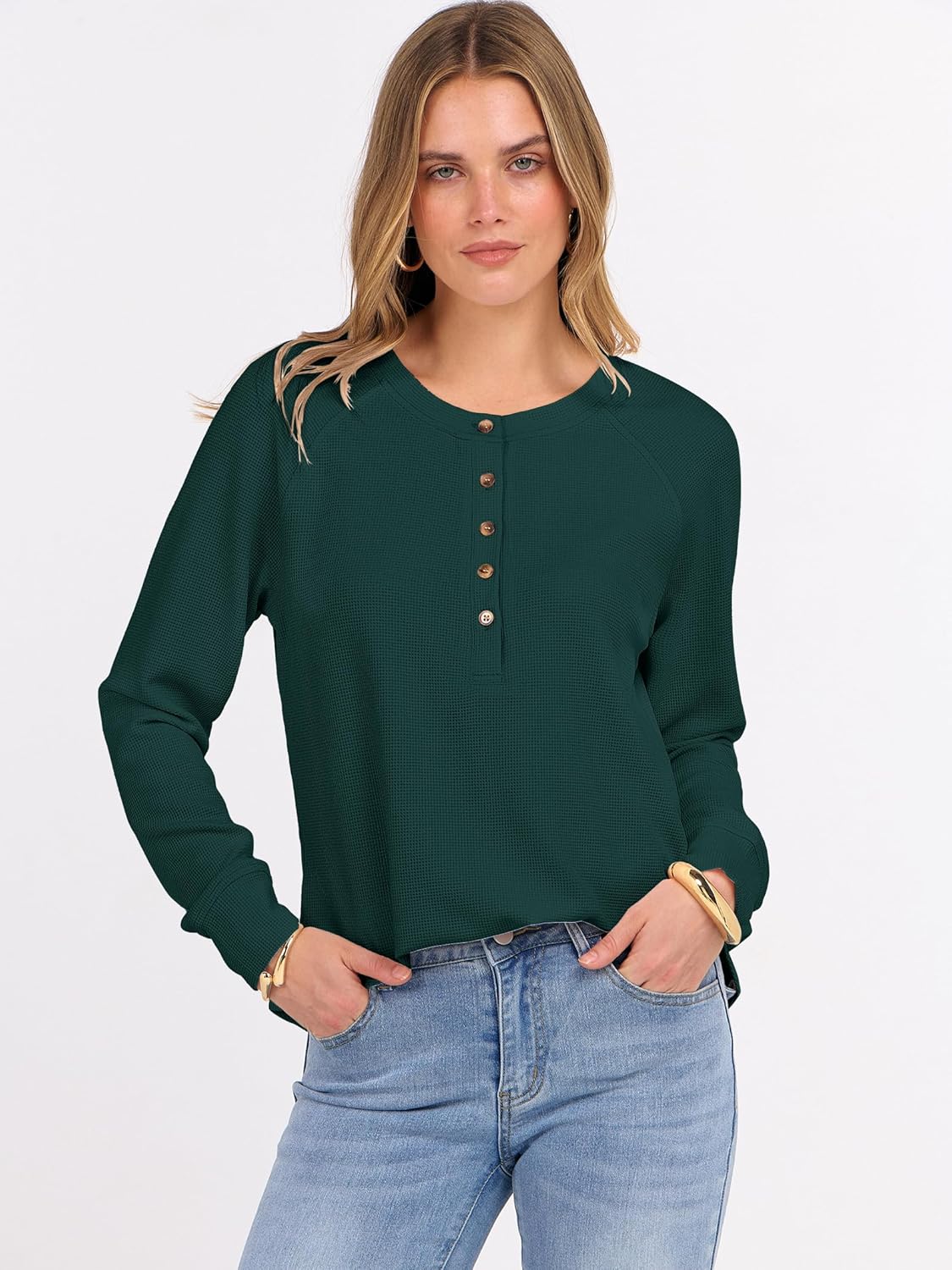 ANRABESS Women's Long Sleeve Waffle Knit Shirts Dressy Casual Loose Button Up V Neck Henley Tops 2026 Fall Basic Tee Blouse - Image 2