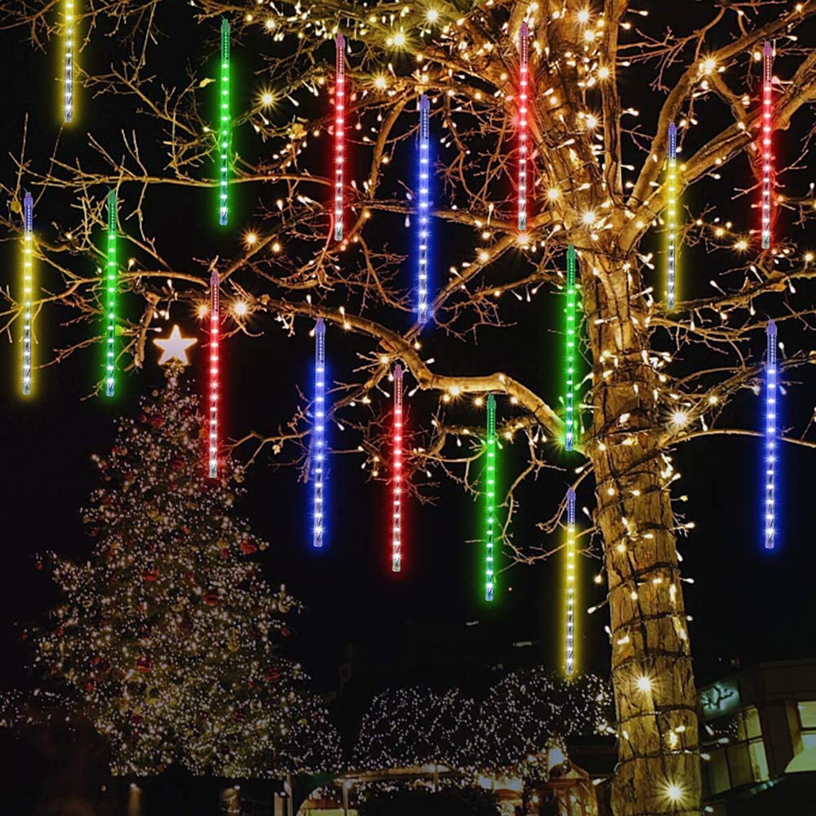 String Lights, Waterproof LED Meteor Shower Lights Plug in - 288 LEDs 50cm 8 Tubes Falling Raindrop Fairy String Light for Holiday Party Christmas Garden Xmas Tree Decor