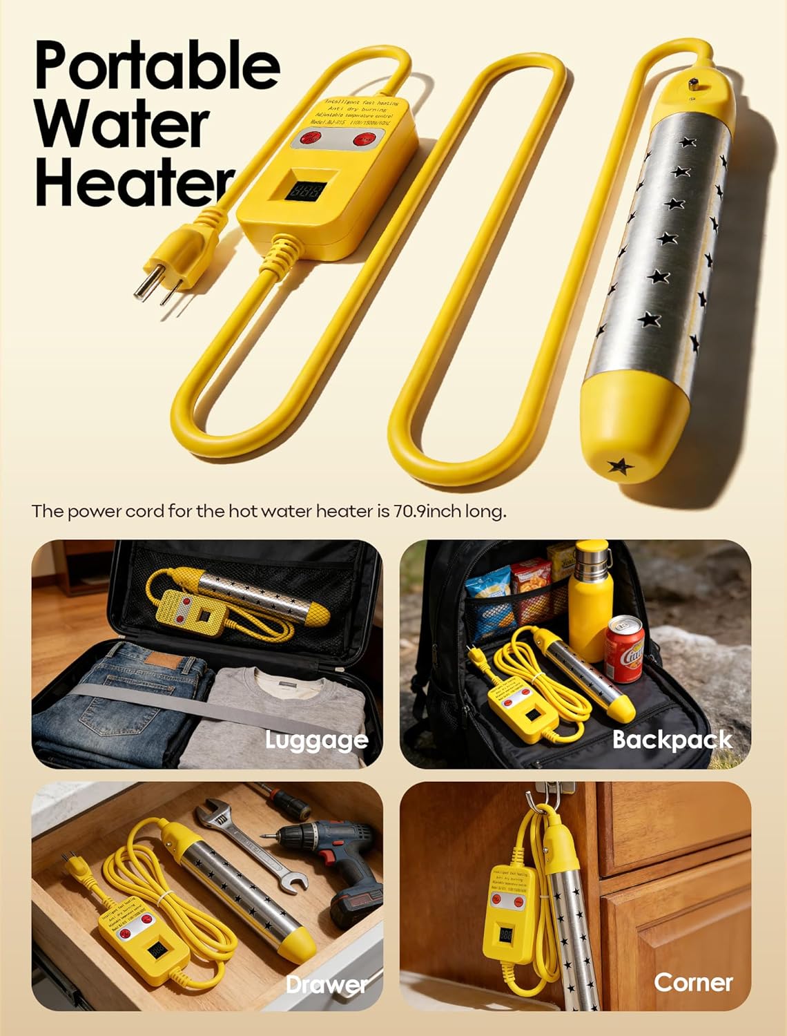 Portable Immersion Water Heater with Thermostat - Electric Heater 1500W Fast Heating, Constant Temperature Control, Auto Shutoff, Dry Burn Protection, for Bucket & Bathtub