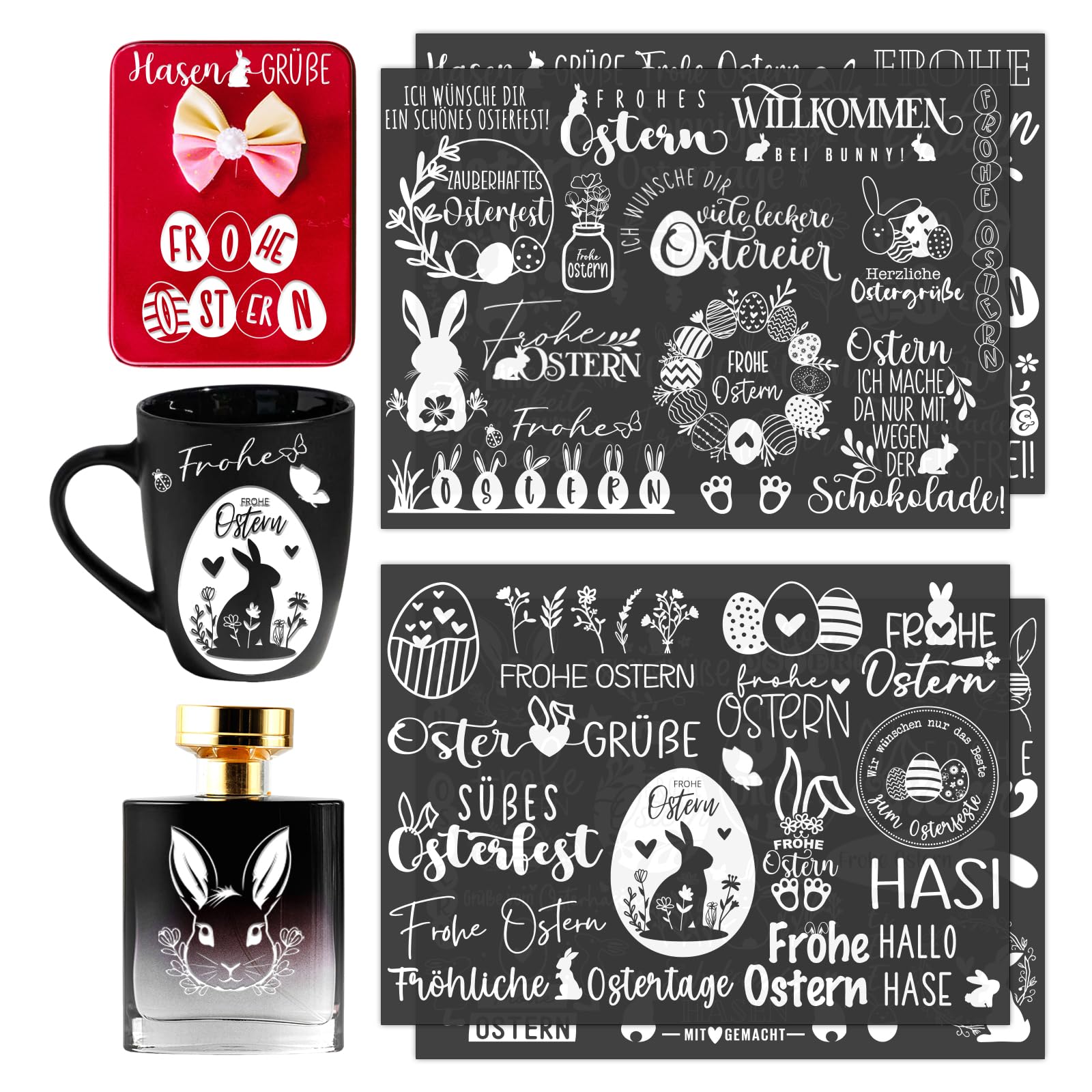 Rub On Sticker Ostern – Frühling Sprüche mit Osterhase und Glück Motiven | Rubbelaufkleber groß für Fensterbilder und Aufkleber Ostern | Deko zum Aufreiben für Glas, Papier, DIY Geschenke (Weiß)