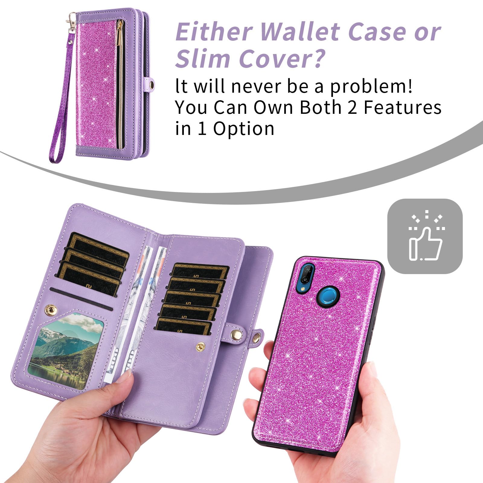 Asuwish Étui de téléphone pour Huawei P20 Lite - Fermeture éclair - Portefeuille amovible - Avec protection d'écran en verre trempé - Bandoulière à paillettes - Porte-cartes Hawaii P20lite P 20 Nova