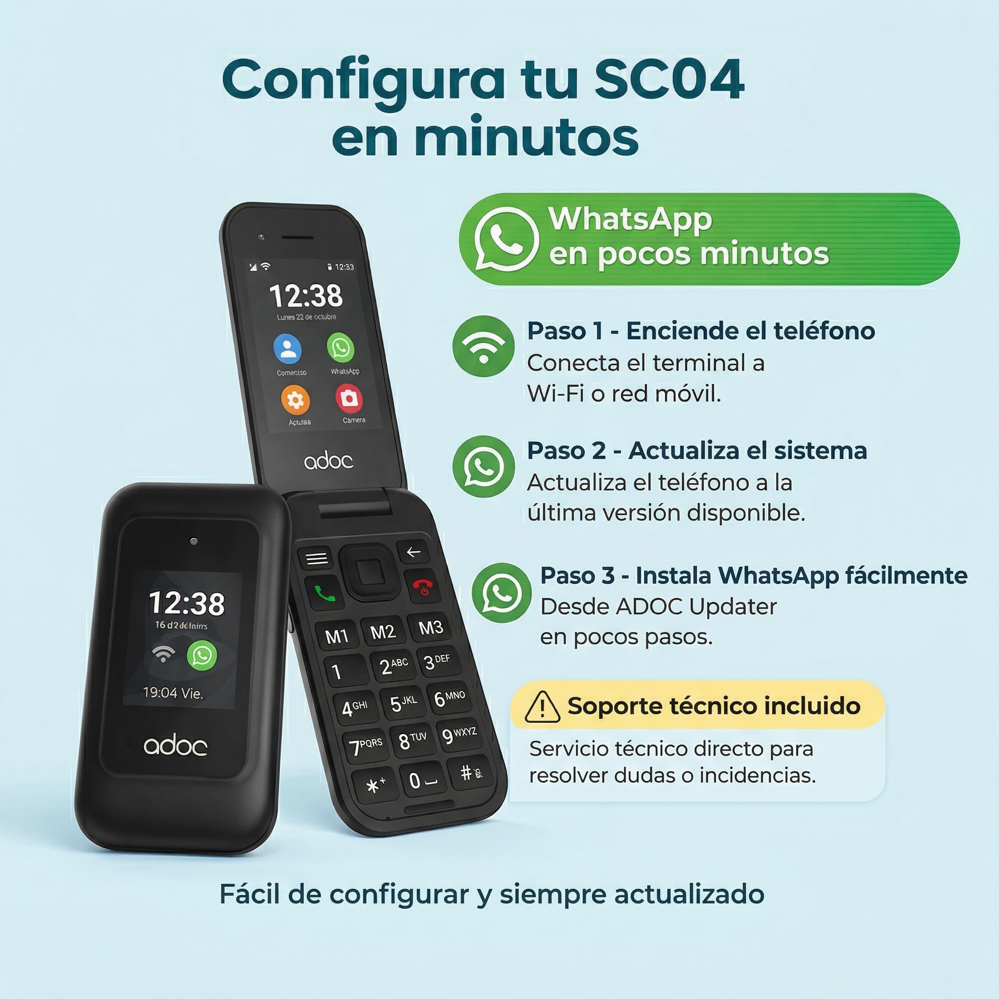 ADOC SC04 Móvil para Mayores con Whatsapp | Teléfono 4G de Tapa con Pantalla Táctil y Teclas Grandes | Botón SOS | Base de Carga | WiFi, Bluetooth | Teléfono Fácil de Usar para Personas Mayores