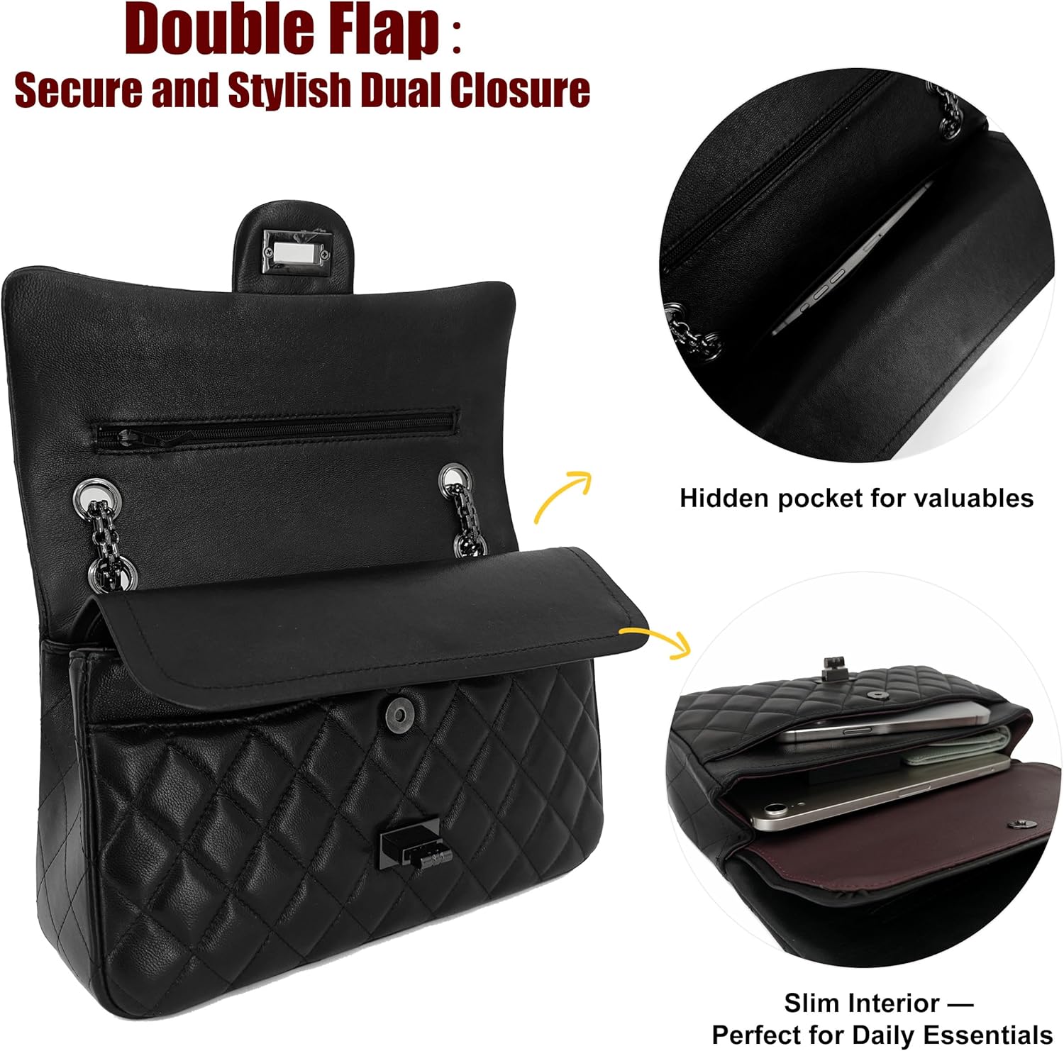 Quilted Leather Crossbody Bags for Women,Soft Lambskin Adjustable Double Chain Strap Shoulder Bag,Designer Flap Purse | Quilted, Leather, Soft, Lambskin, Adjustable, Double Chain Strap - Image 4