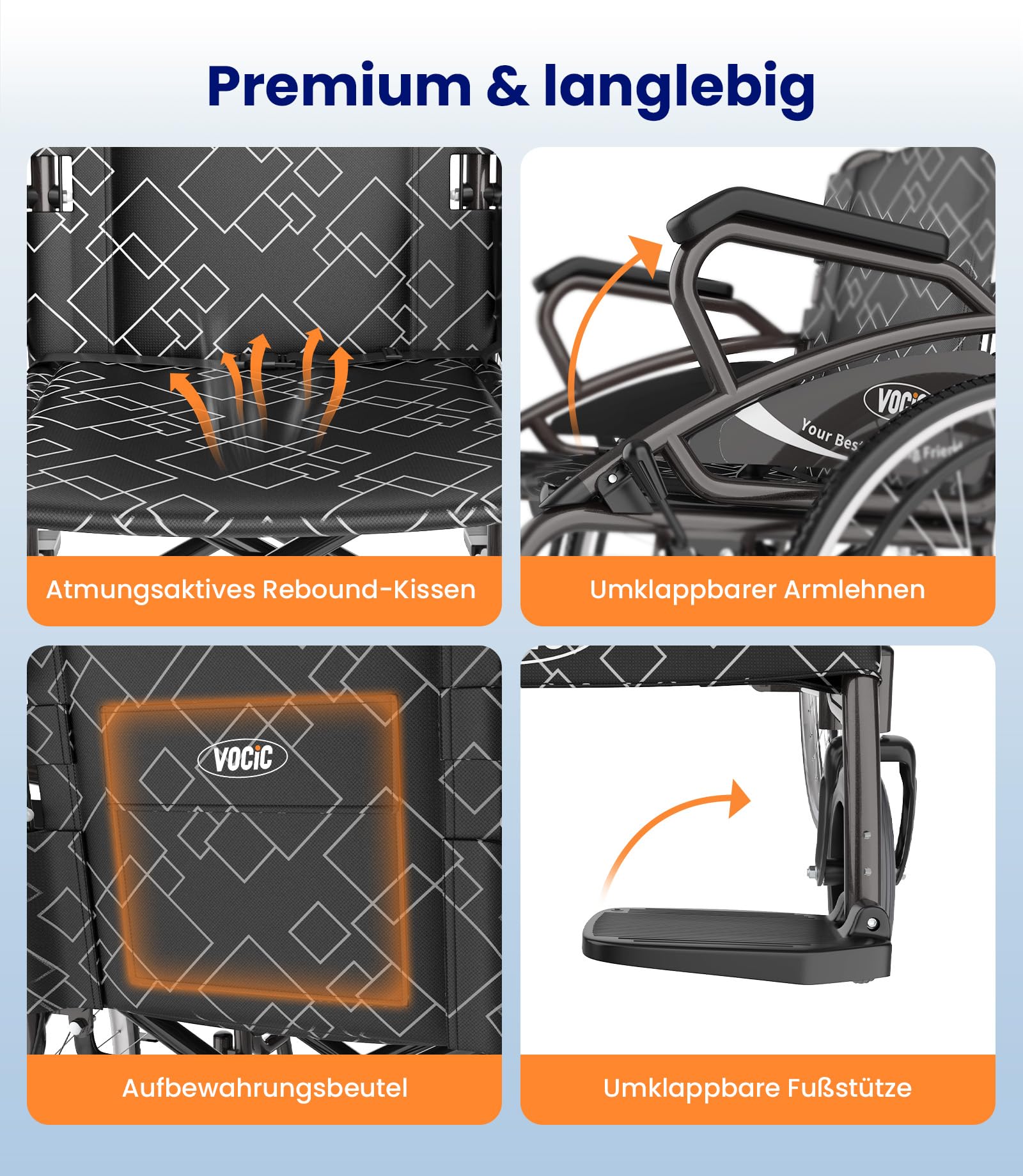 VOCIC Rollstuhl faltbar leicht bis 150KG,17KG Faltbarer Outdoor Rollstuhl,Doppelbremsen Transportrollstuhl klappbar mit Selbstantrieb für Erwachsene,Pannensicher Reifen