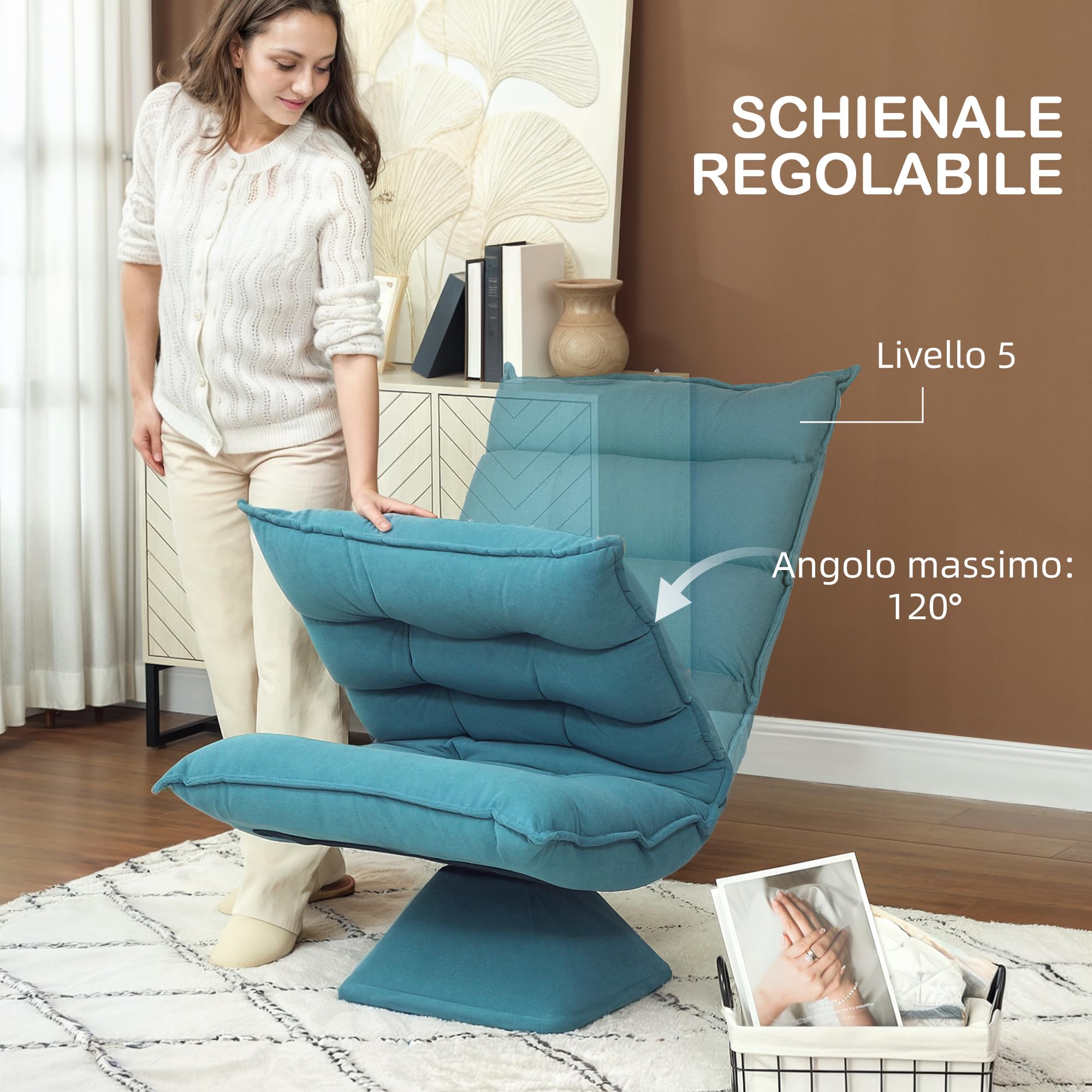 HOMCOM Poltrona Relax Girevole 360° con Schienale Regolabile in 5 Posizioni, Poltrona da Terra, Seduta Ampia Imbottita Spessa in Microfibra Effetto Velluto, per Soggiorno Lettura, 62x70x95 cm, Blu