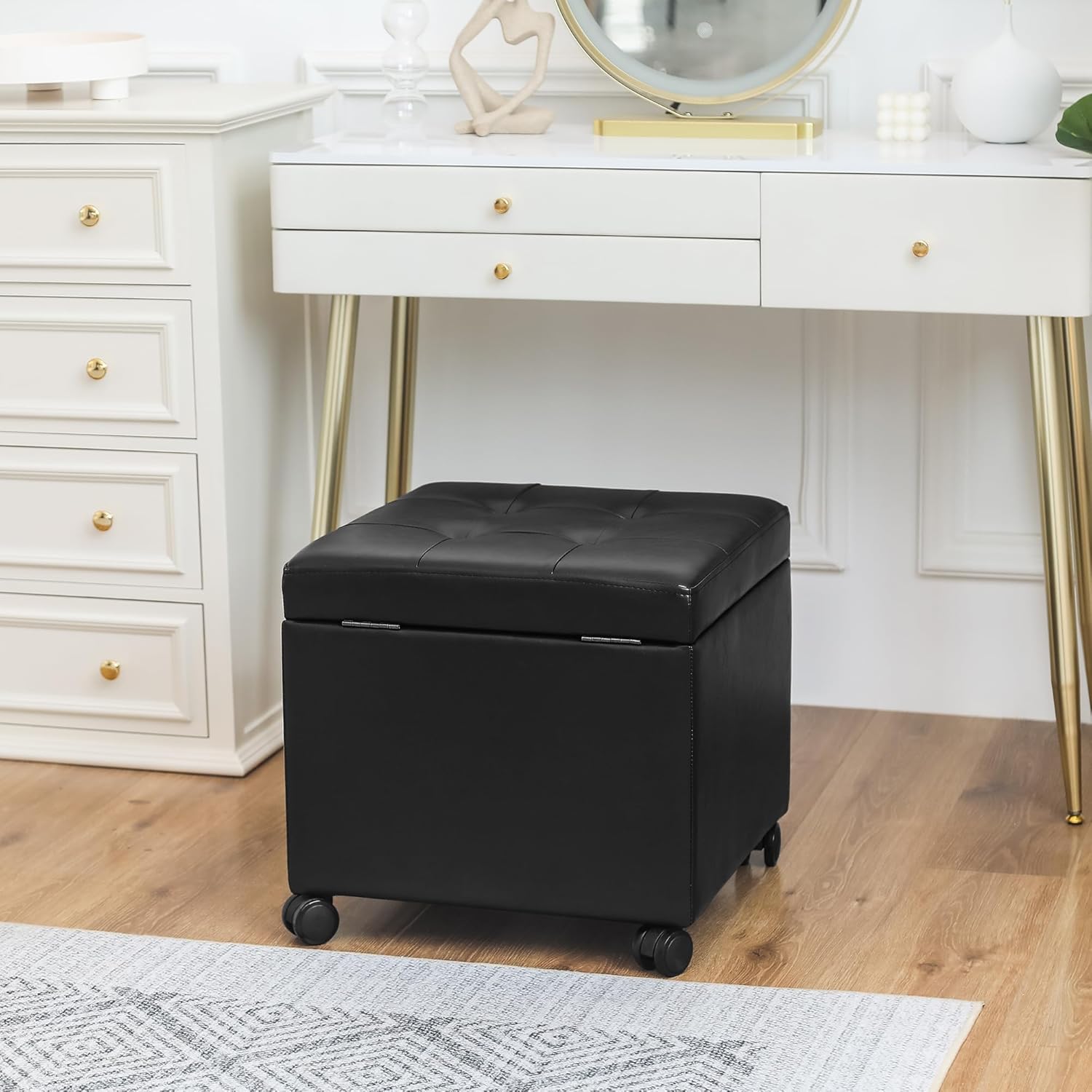 Homebeez Leather Storage Ottoman with Steerable Rolling Wheels, 17.9" Square Small Foot Rest Stool Tufted Cube Footstool with Hinged Lid, Load 300 lb, for Living Room, Bedroom, Entryway, Black