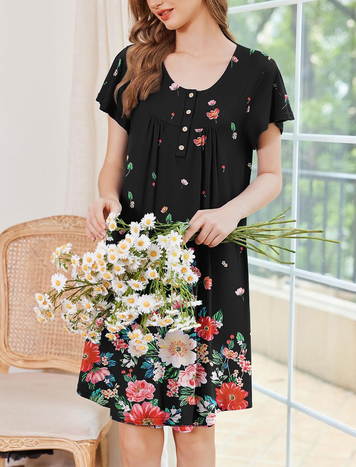 Ekouaer Nightgowns for Women Short Sleeve House Dress with Pockets Floral Print Mumu Dress - Image 4